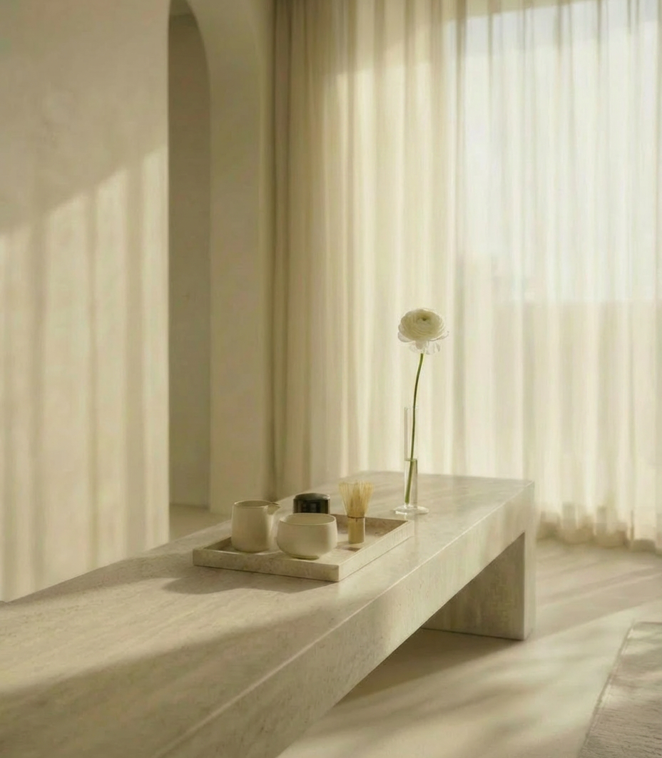 Minimalist hotel interior with stone bench, white flower and ceramic tea vessels on a tray