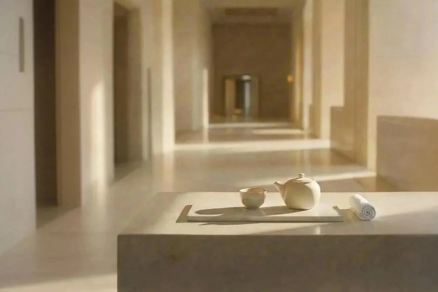 Beige teapot and bowl on a tray in a minimalist room with wooden door frames and soft natural light