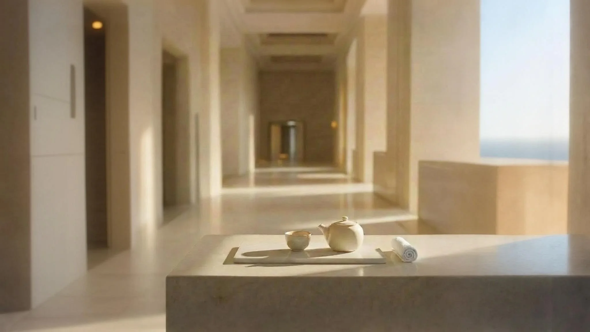 Tea set with teapot and cup on a tray in a sunlit minimalist corridor with neutral tones