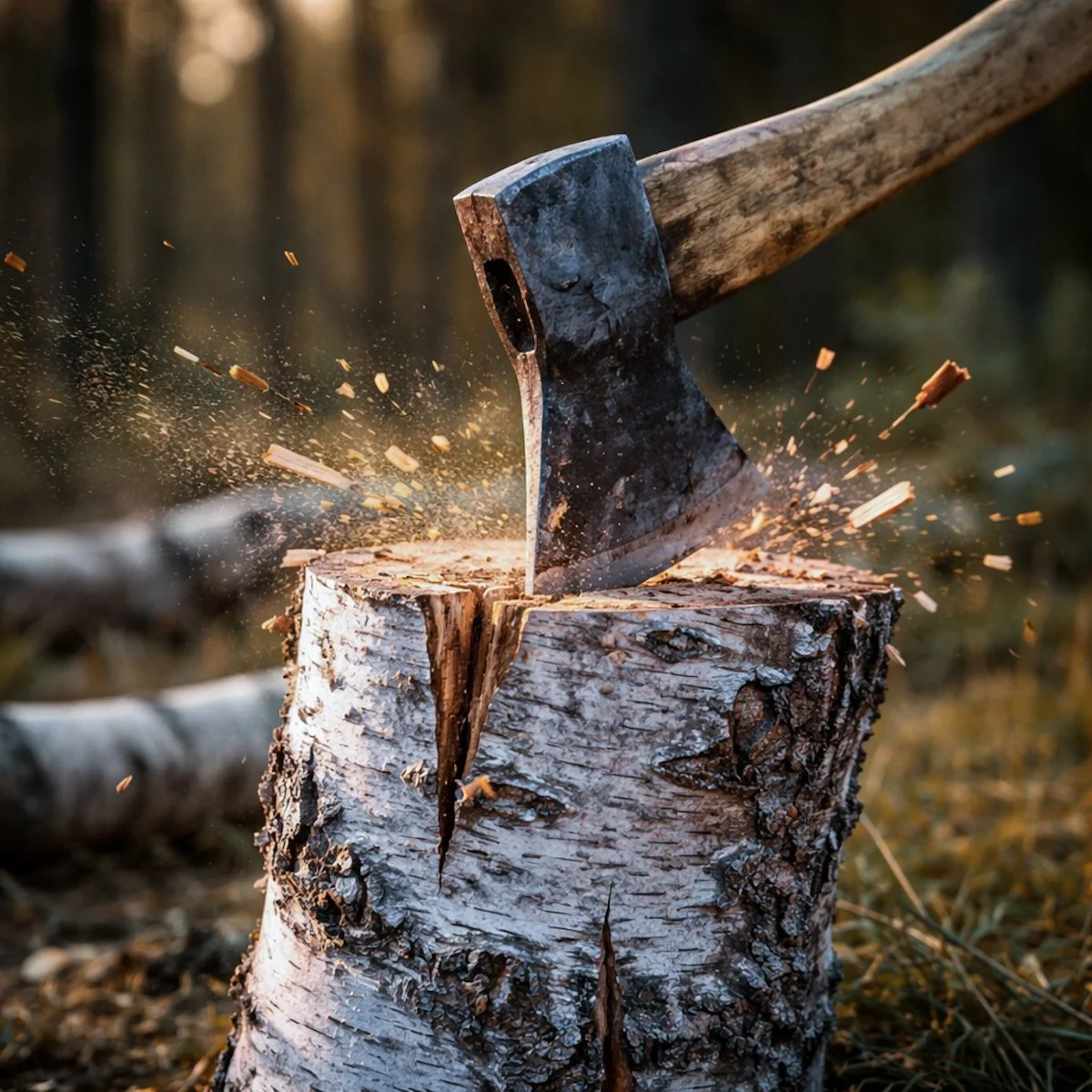 Saha hakkaa puuta nuijalla metsään liittyvässä kohtauksessa, ja kekryt sinkoilevat ympärille.