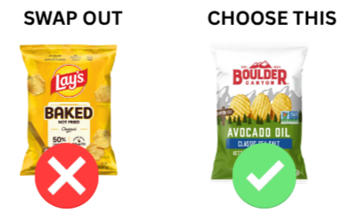 A bag of Lay's Baked potato chips, a box of colored pencils, and a bag of Boulder Canyon avocado oil chips.