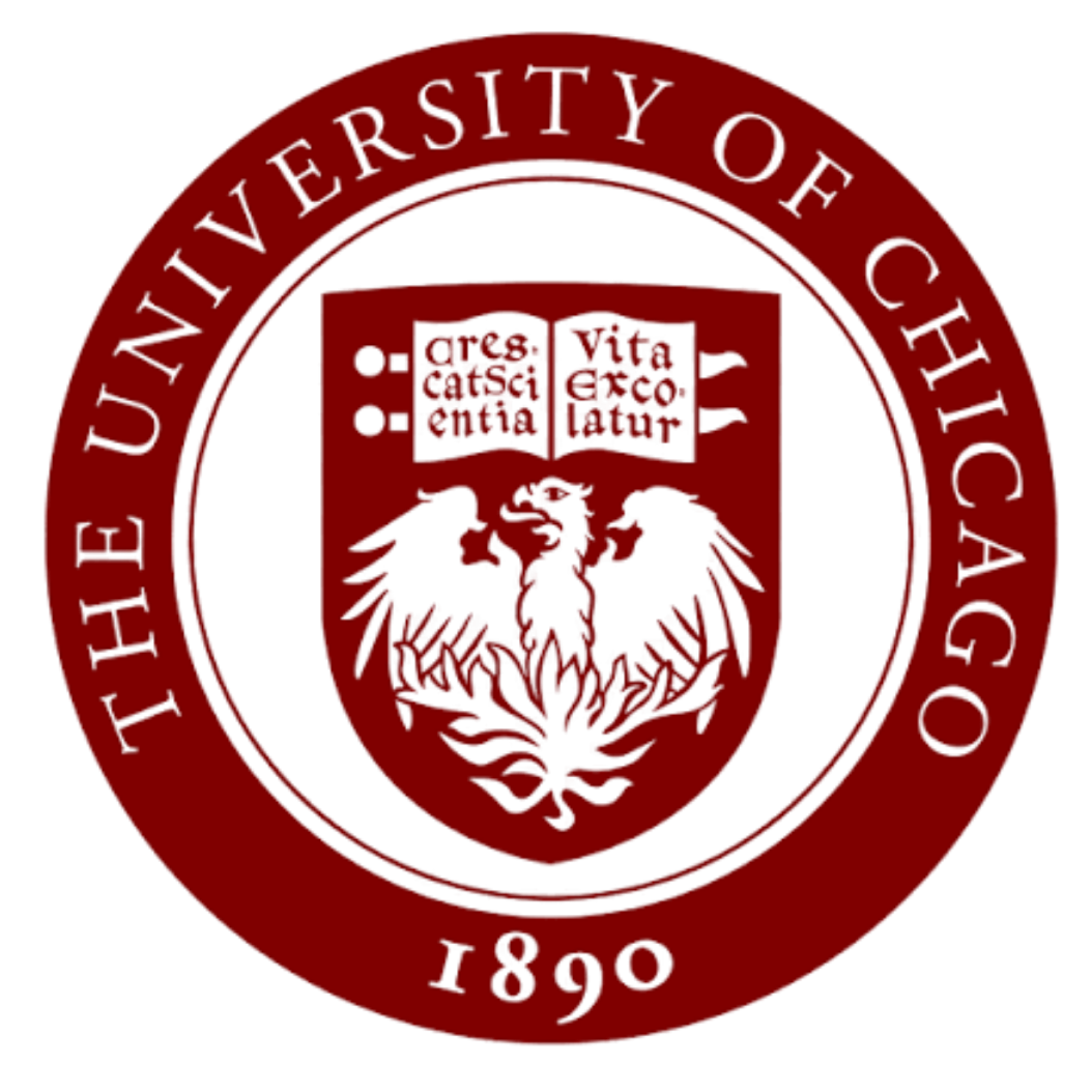 Seal of the University of Chicago in red, featuring a shield with an open book, a zodiac figure, and the Latin phrase 'Crescat Scientia Vita excolatur' around the edge.