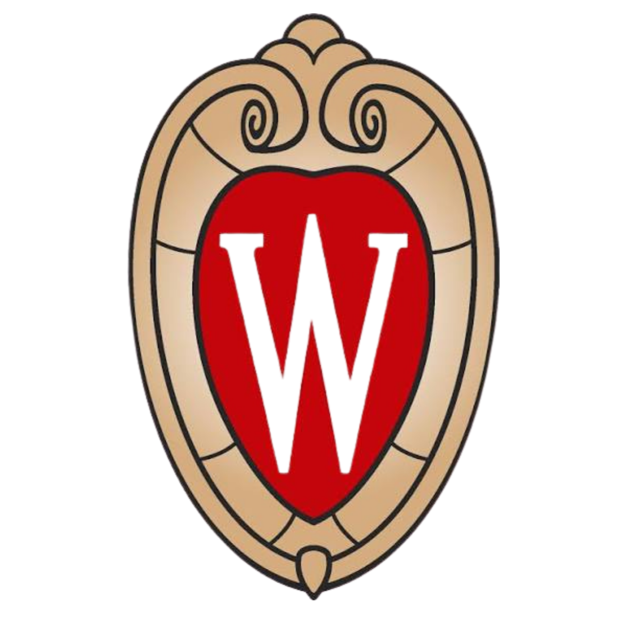 A decorative emblem with a beige and black ornate border, a red heart shape in the center, and a large red letter 'W' inside the heart.