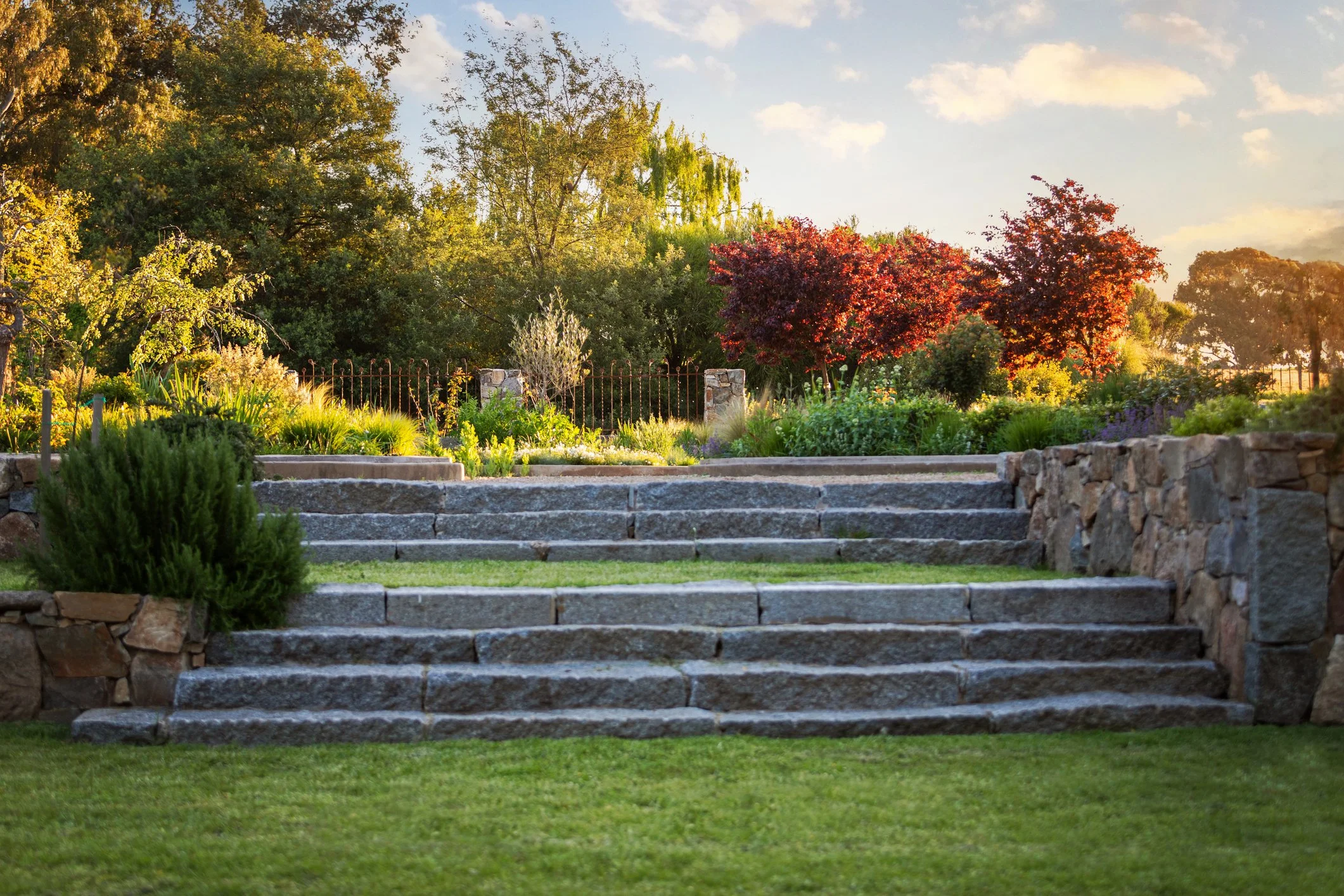 Stone steps leading up to a garden with colorful trees and lush greenery during sunset.