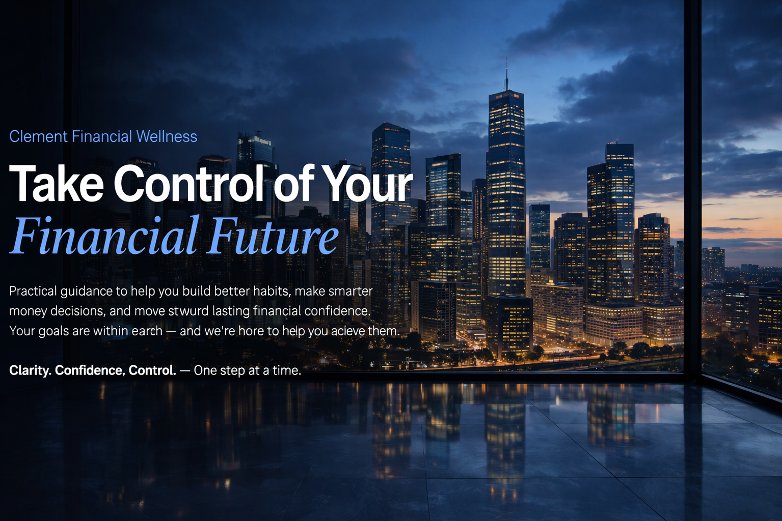 Night city skyline viewed from an office window with illuminated skyscrapers and a partly cloudy sky.