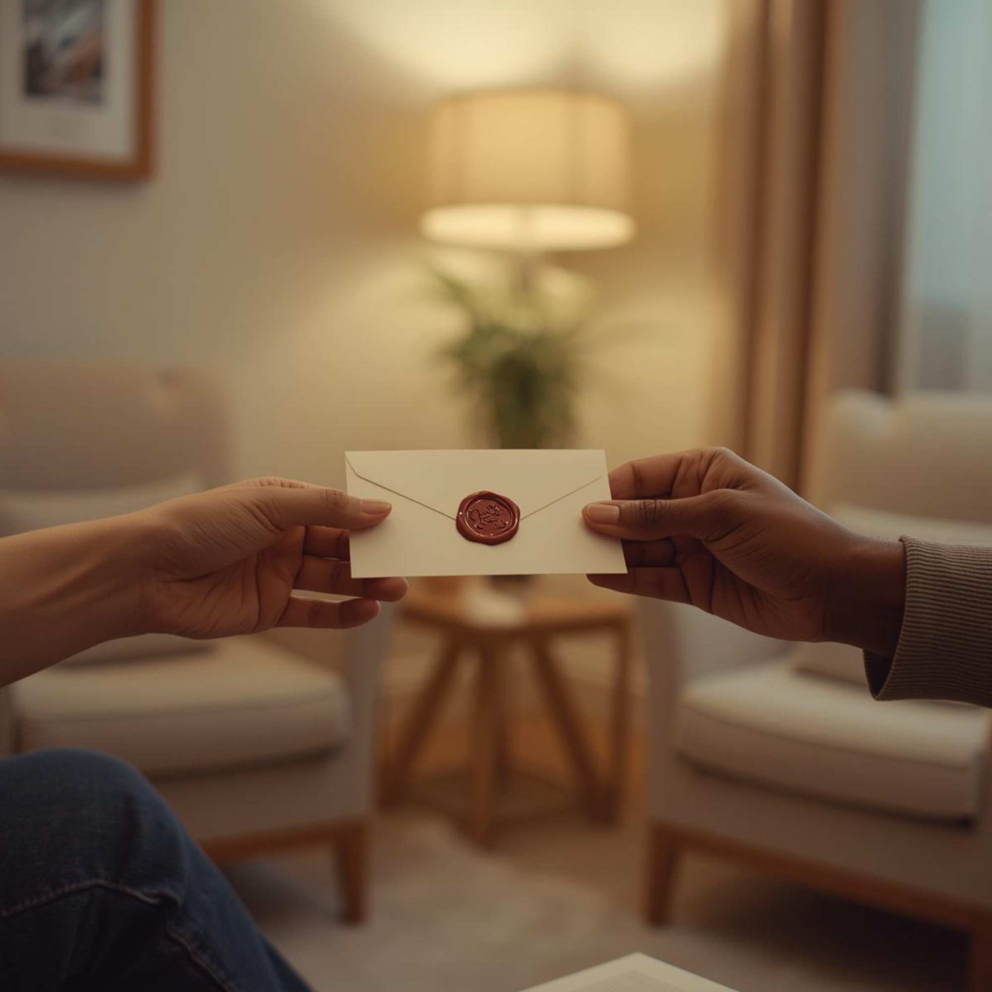 Two hands exchanging a white envelope with a red wax seal in a cozy living room.
