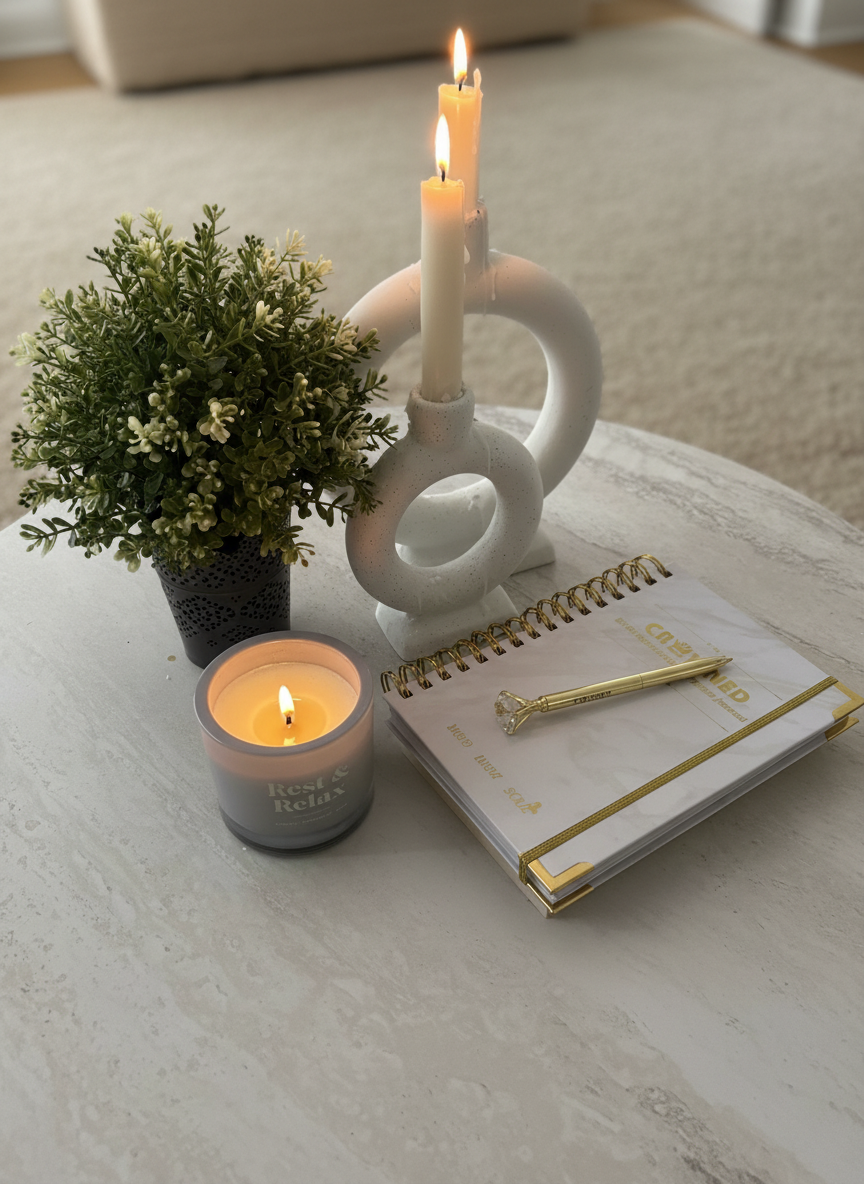 Decorative table setup with a small potted plant, a lit candle, a candle holder with two lit candles, and a notepad with a gold pen relaxing on a white table.