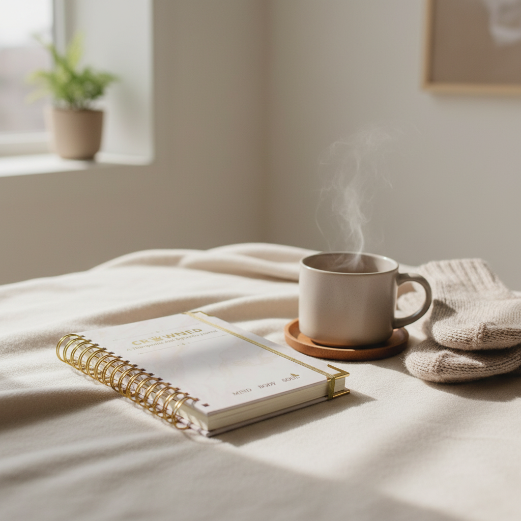 A steaming cup of coffee on a bed next to a pair of gray knitted mittens and a closed spiral notebook, with a window and a potted plant in the background.