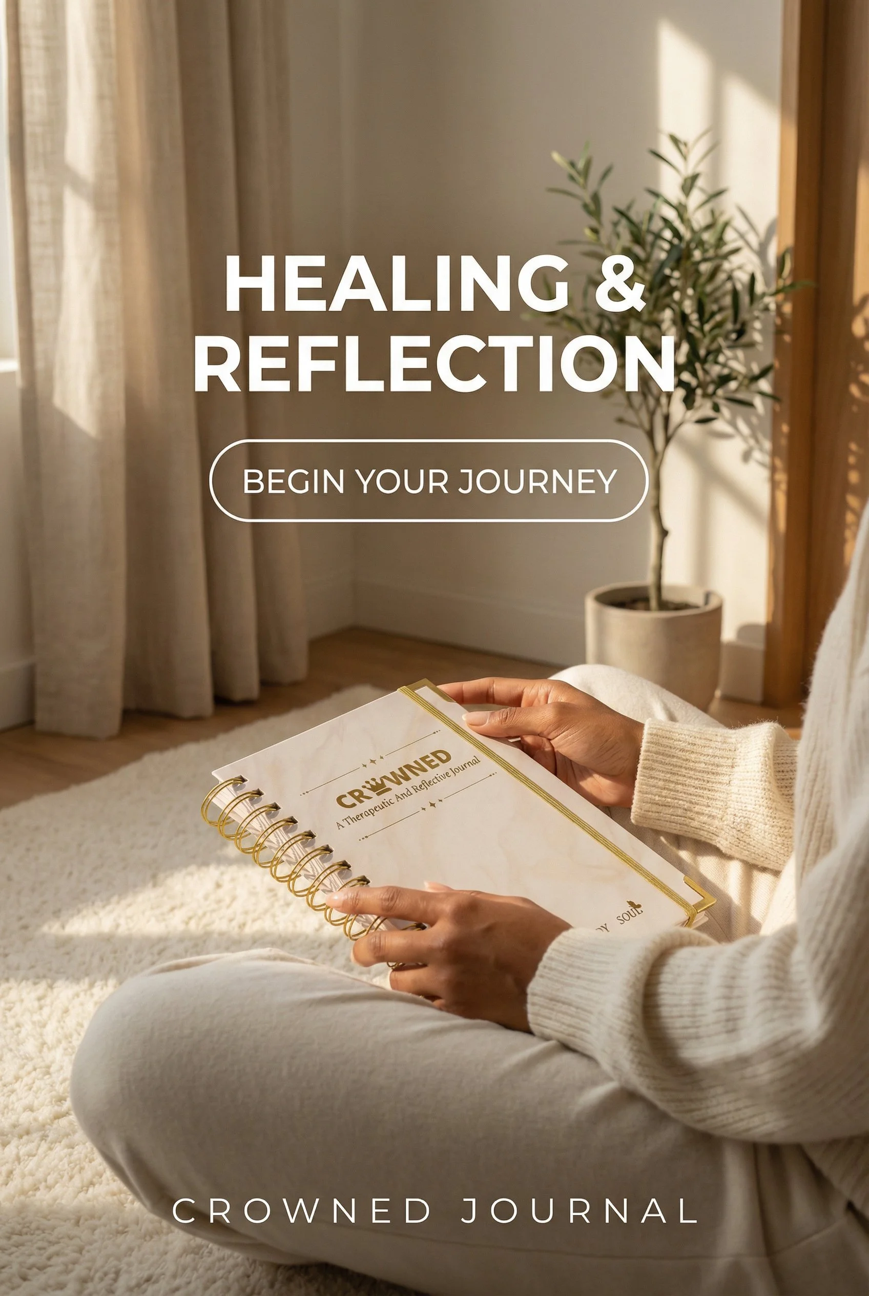 A person holding a spiral-bound journal titled 'Crowned: A Therapeutic And Reflective Journal,' sitting on a plush white carpet in a softly lit room with beige curtains and a potted plant.