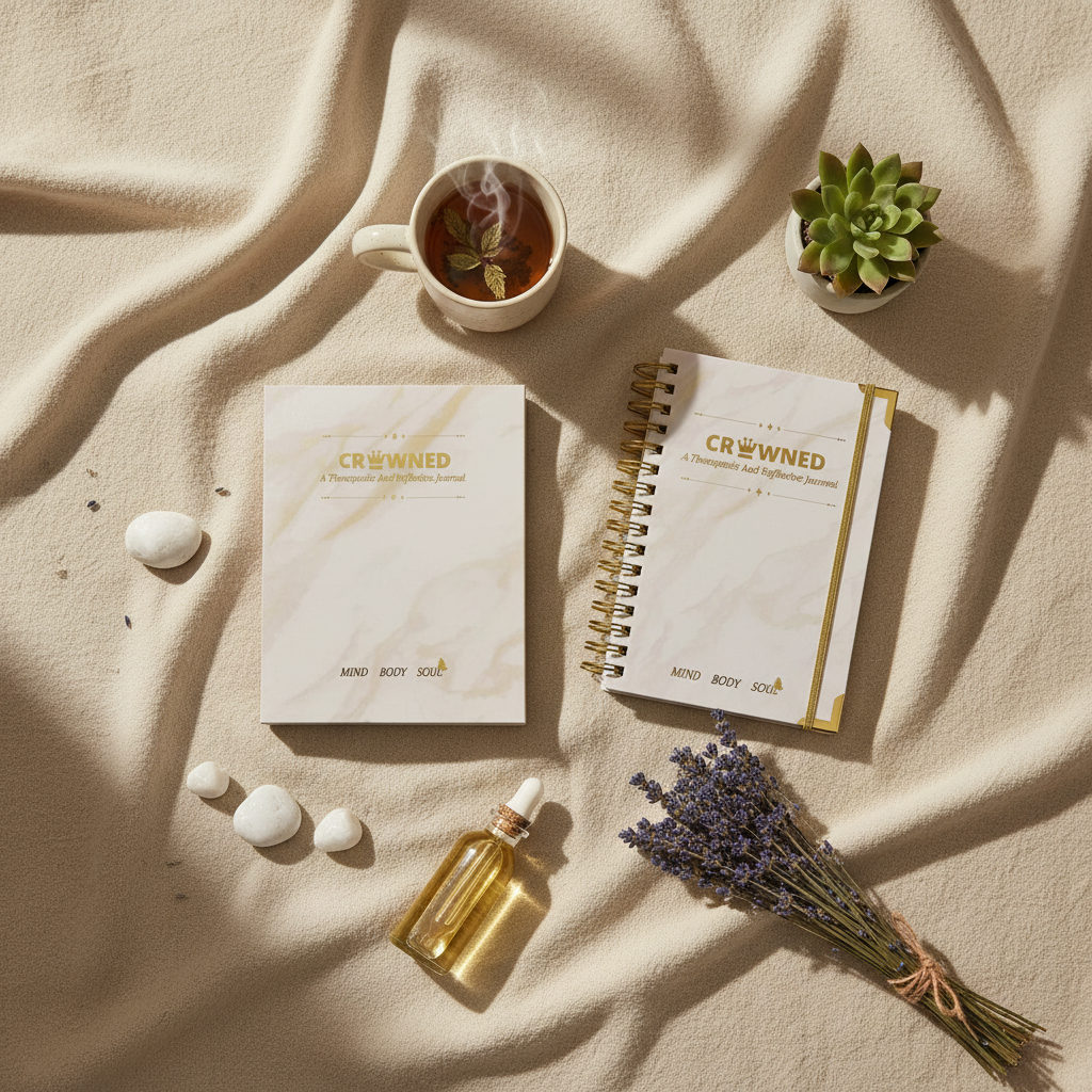A flat lay of a beige fabric with a cup of tea, a small potted succulent, a few white stones, a dropper bottle, a lavender bouquet, and two notebooks with the title "CROWNED" on the covers.