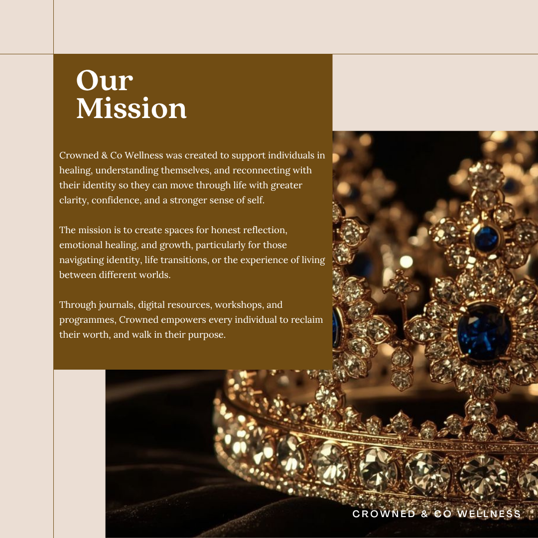 A jewelry display with gold and diamond jewelry, including a tiara and earrings, next to a text section titled 'Our Mission' for Crowned & Co Wellness.