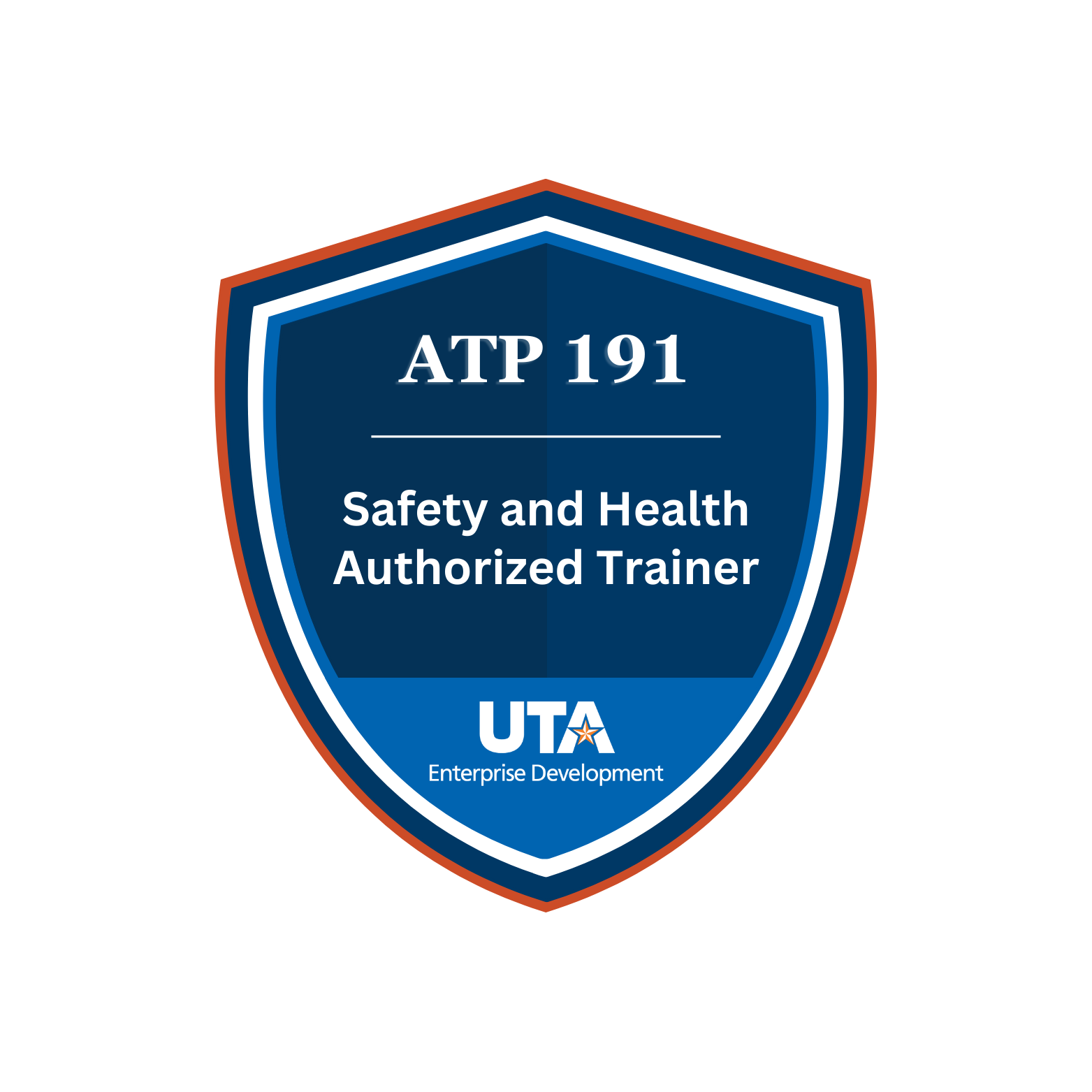 UTA ATP 191 Safety and Health Authorized Trainer badge with shield emblem and Enterprise Development text