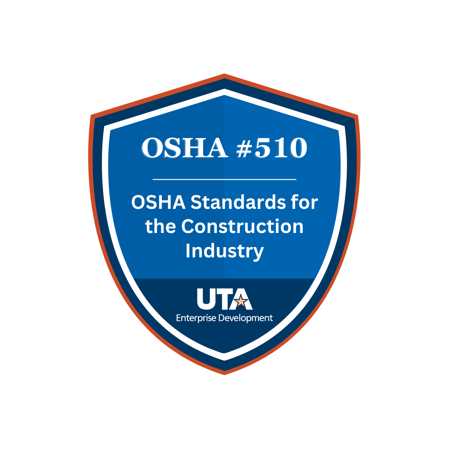 Badge for OSHA 510 Standards for the Construction Industry, issued by the University of Texas at Austin, featuring a blue background with white text and border details.