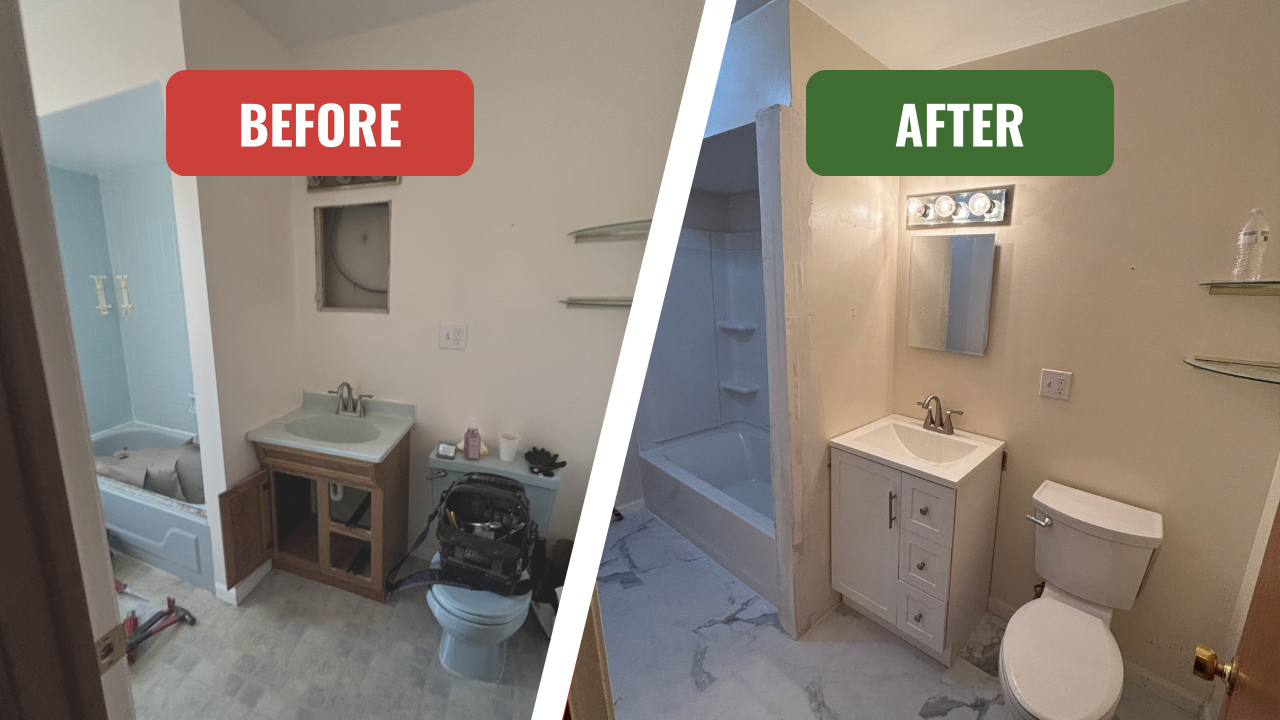 Bathroom renovation showing a before and after comparison. The before image features an unfinished bathroom with exposed drywall and construction tools. The after image displays a completed bathroom with a clean, white vanity, a mirror, modern lighting, and a fully installed bathtub.