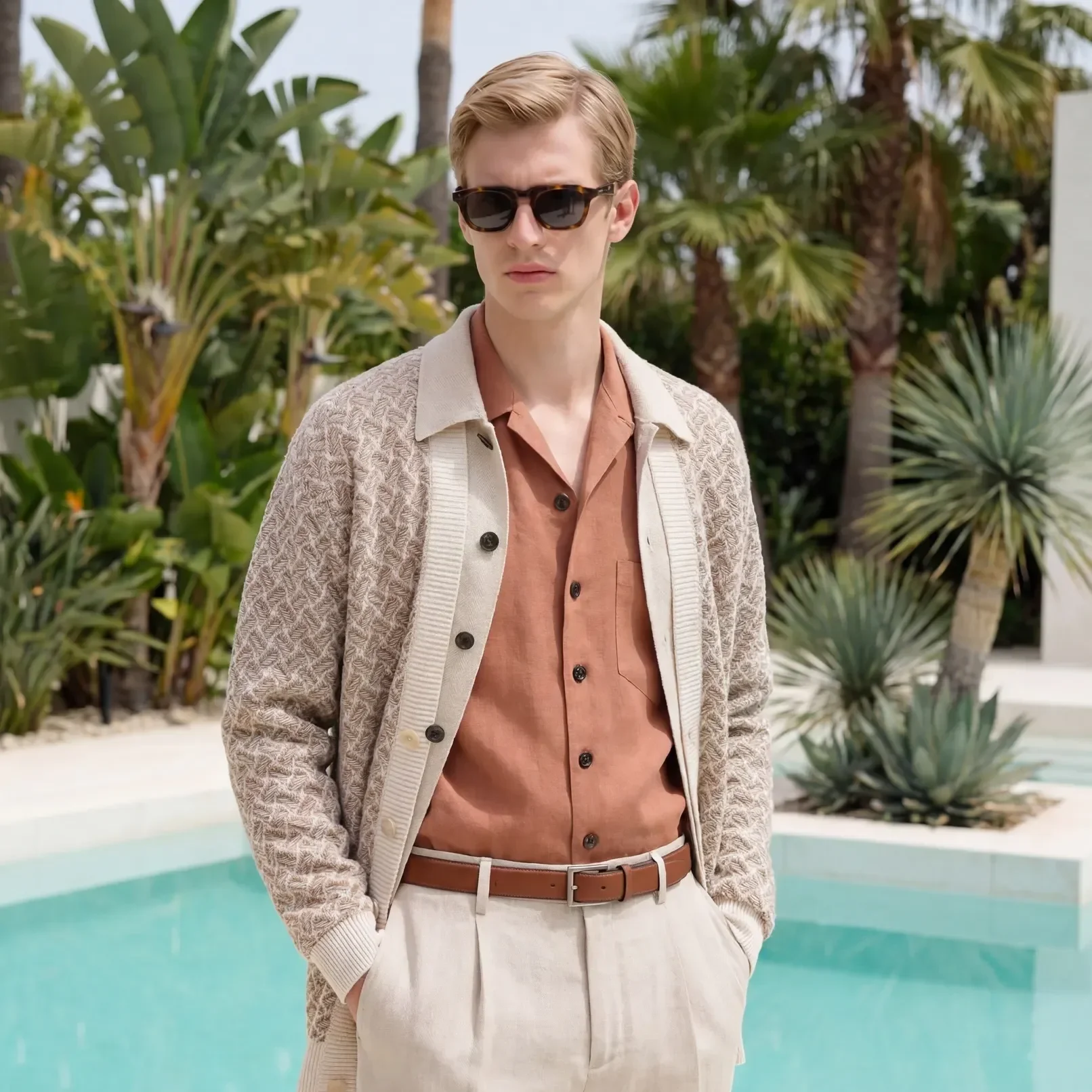 Uomo indossa total look Drumhor con cardigan in maglia beige a fantasia geometrica, camicia in lino marrone ruggine, pantaloni in lino crema con pieghe e occhiali da sole tartarugati davanti a una piscina.