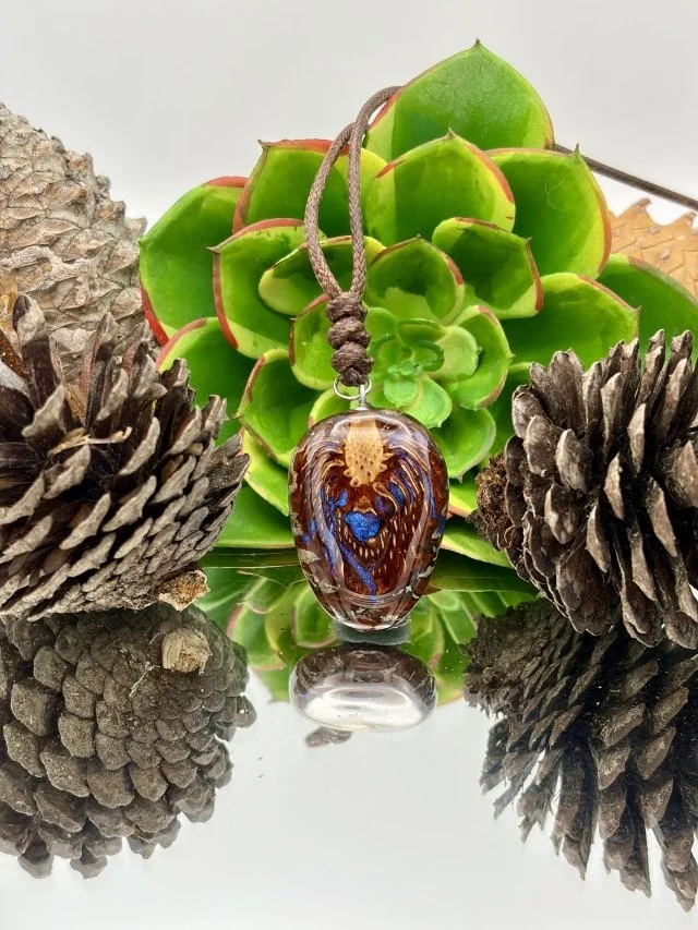 Natural Sand Pine Pinecone Necklace with Blue Inlay (M)