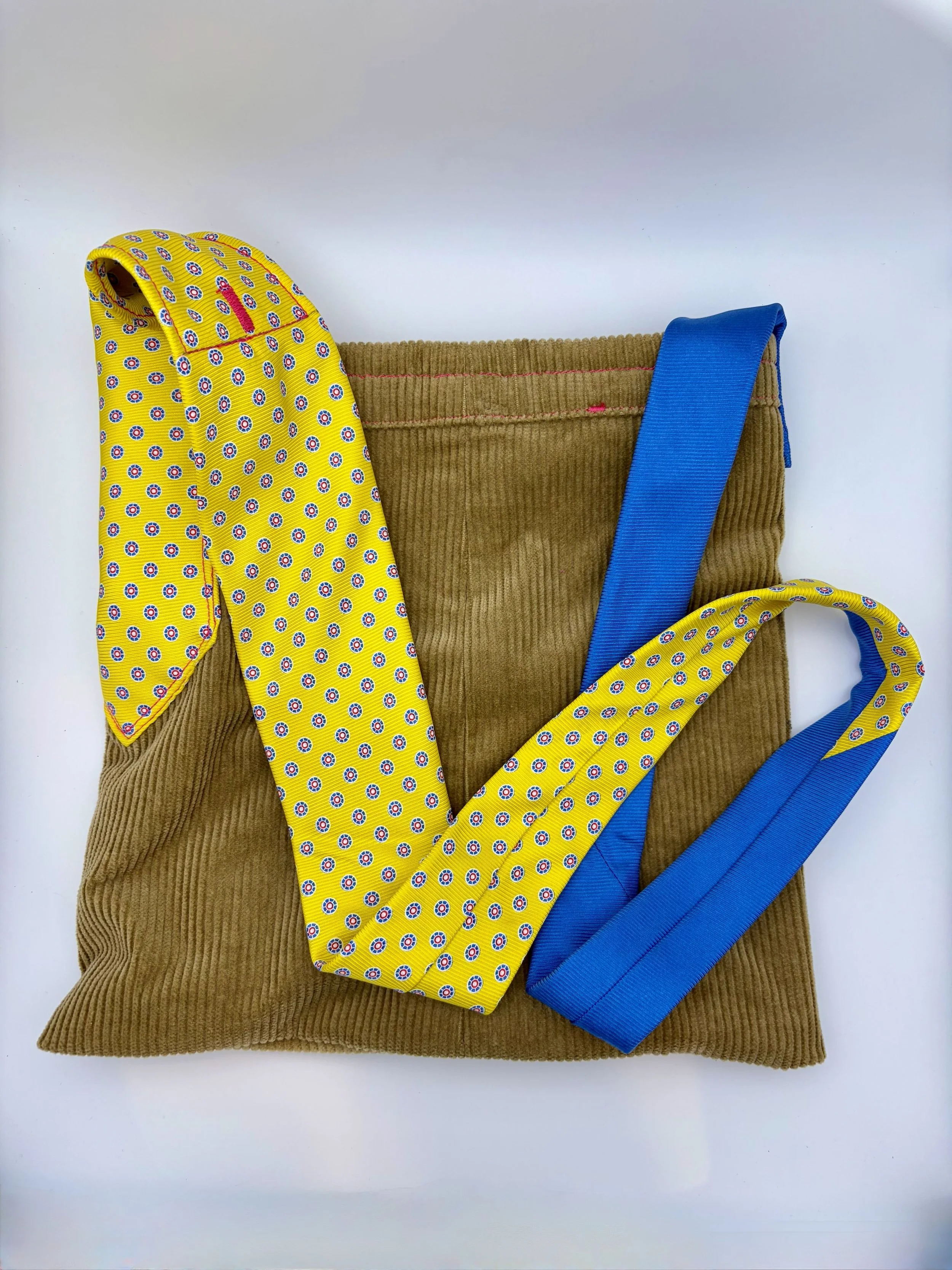 Up-cycled Tie Purse: Tan corduroy with Yellow-Blue Tie