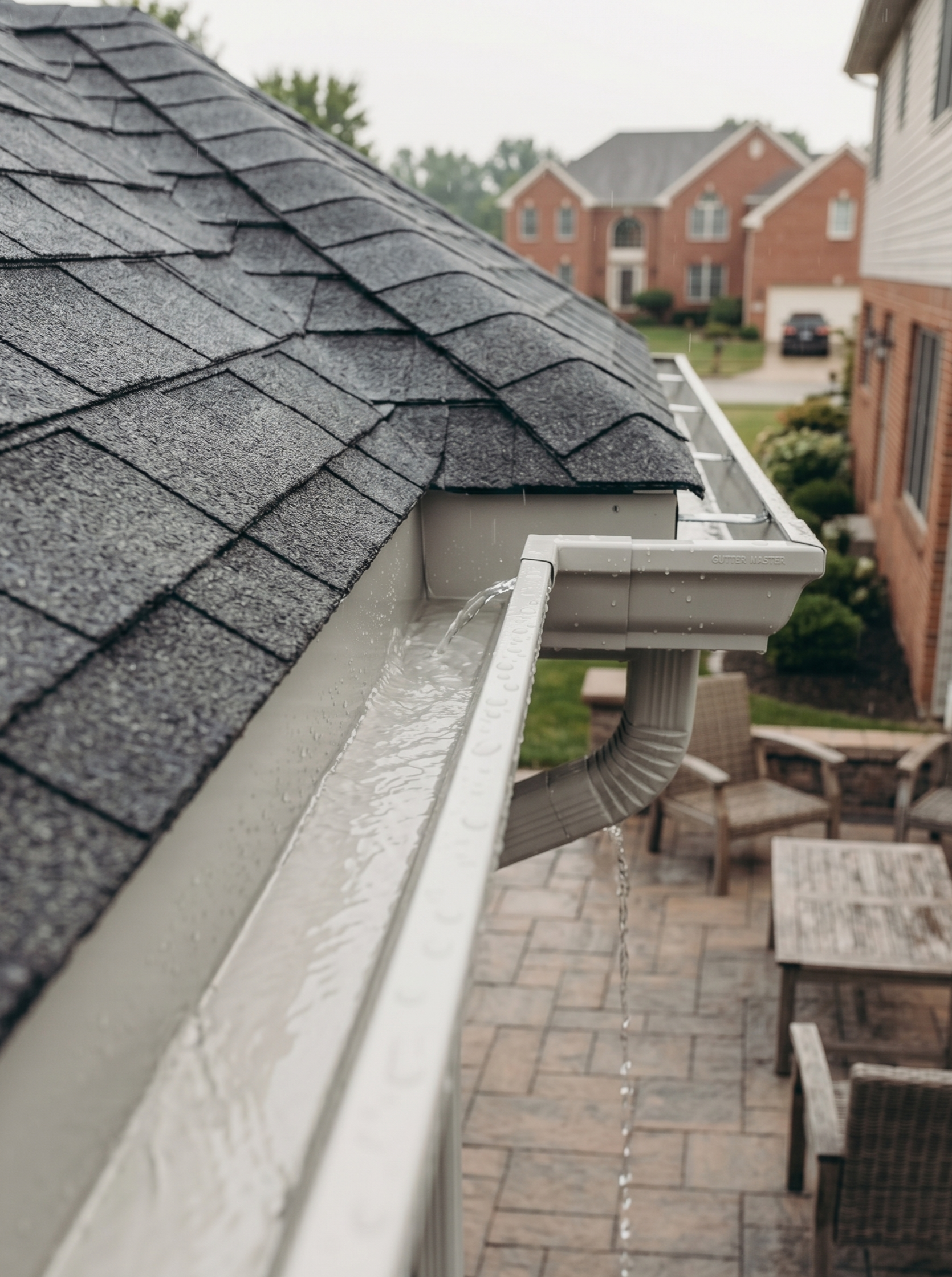 Rainwater flowing from a house gutter onto a patio with chairs.