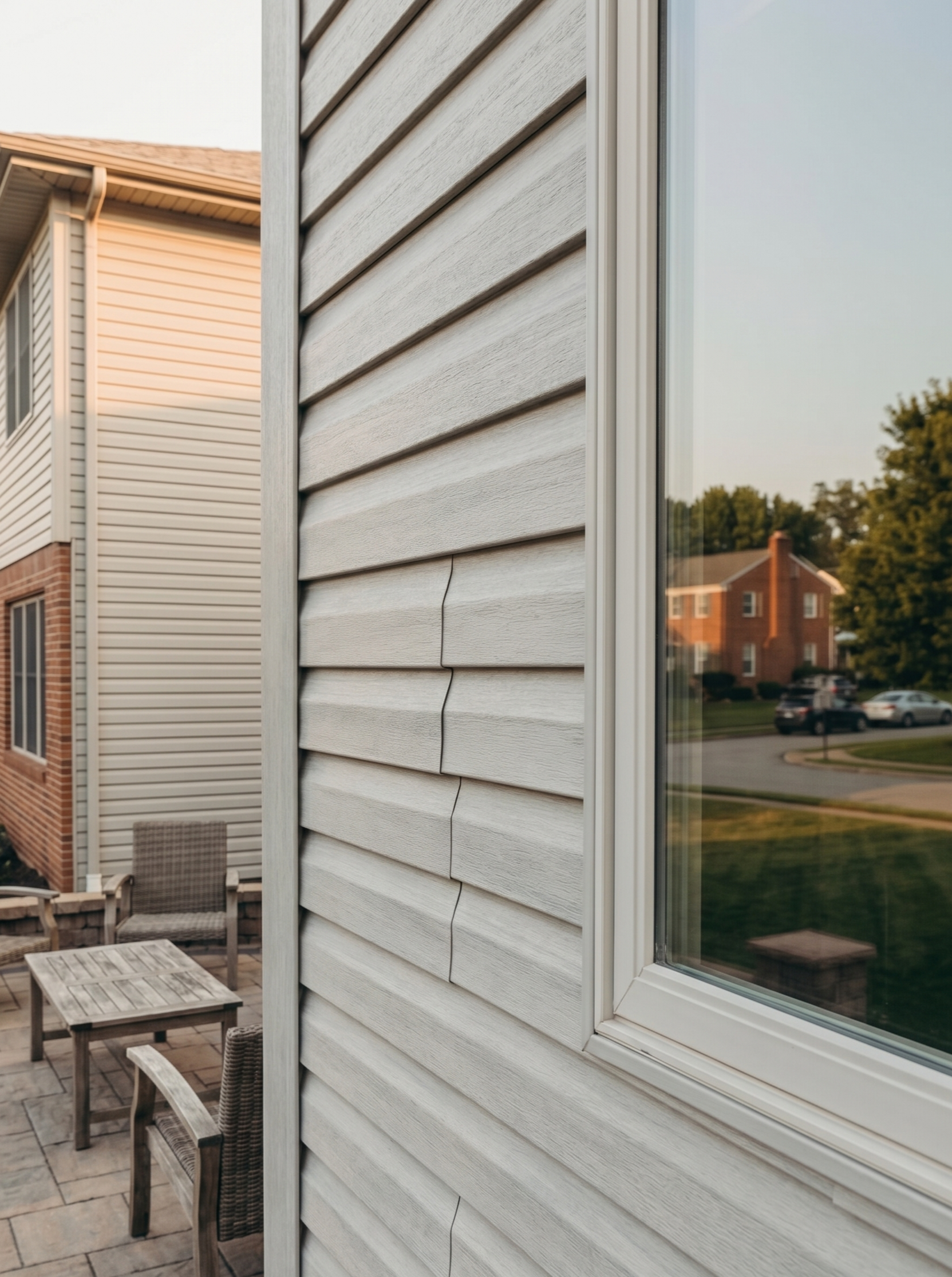 Backyard patio with outdoor chairs and tables, side view of house with vinyl siding, window reflecting neighboring houses and trees, evening light.