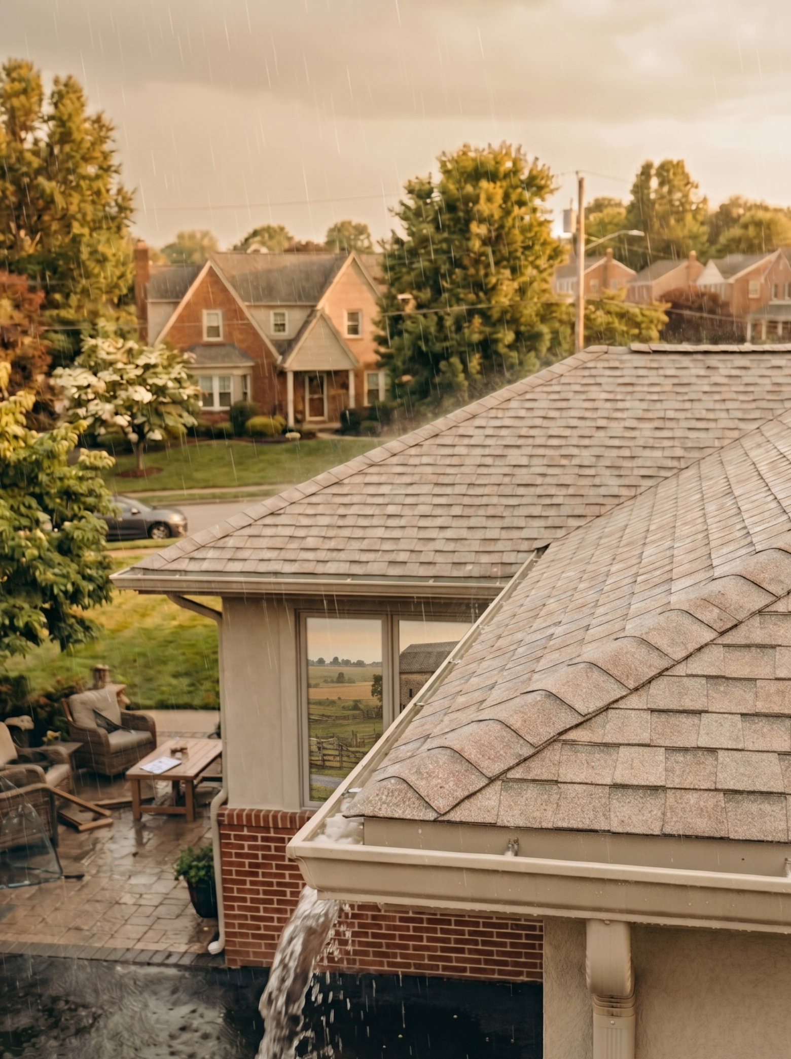 Rain falling on a residential neighborhood with houses, trees, and a person sitting on a patio.