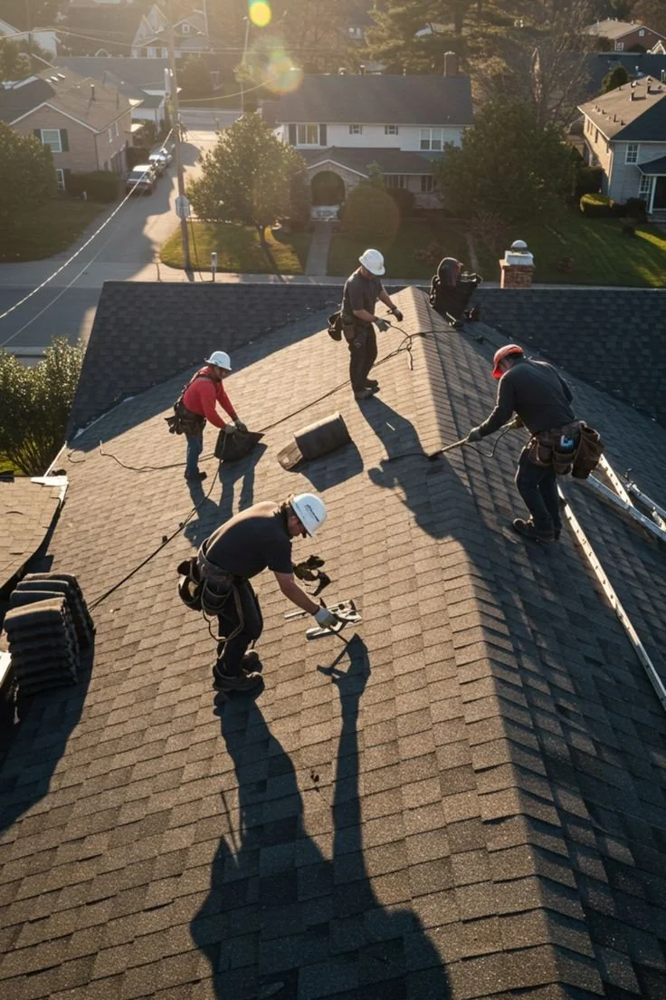 Four Cornerstone Roofing & Exteriors workers on a house's roof, inspecting or repairing shingles during sunset, wearing safety gear and harnesses.