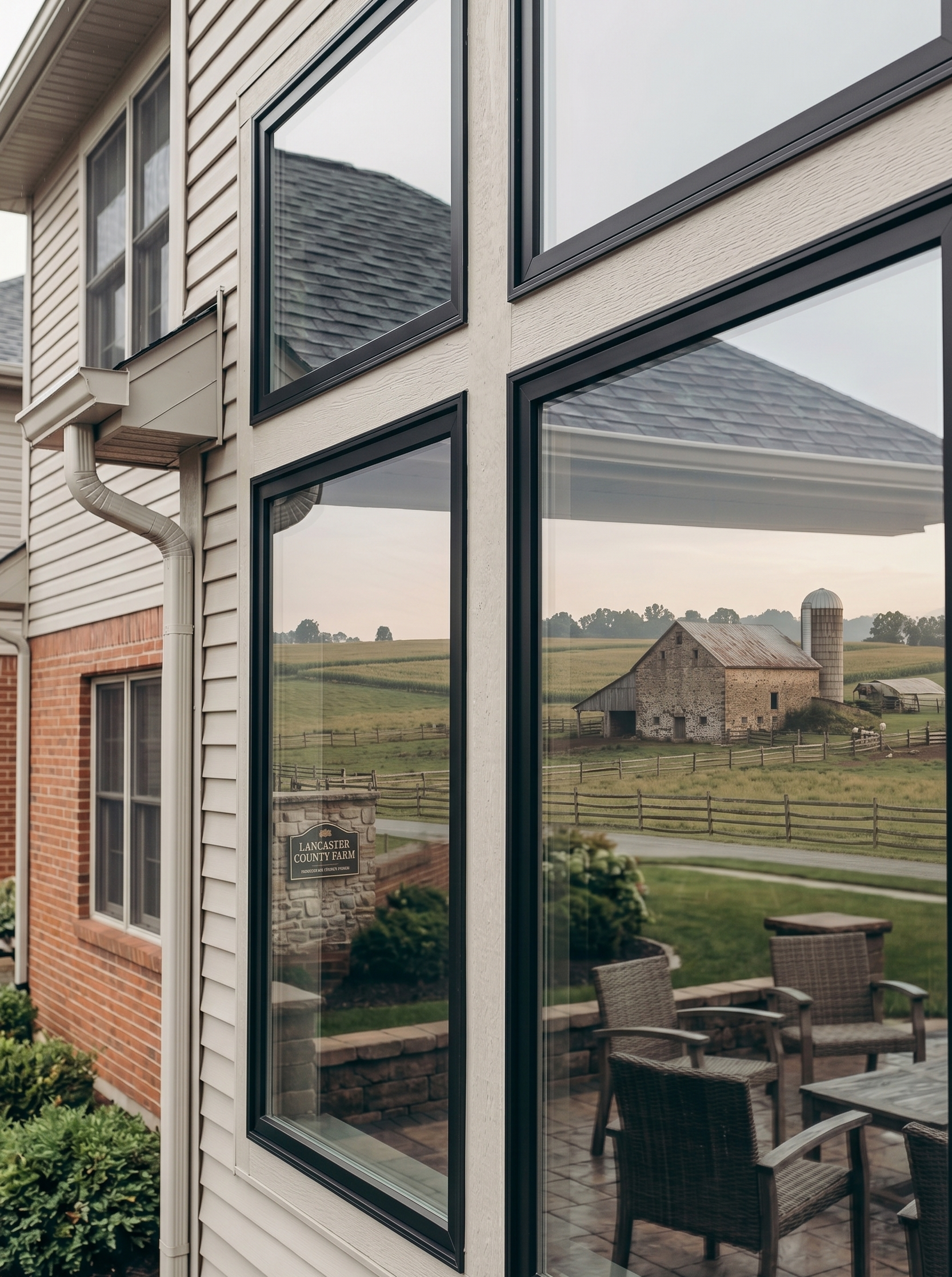 View through a large sliding glass door showing a patio with chairs and a table, a rural landscape with a barn, fields, and trees in the background, and a sign reading 'Lancaster County Farm' on the house exterior.