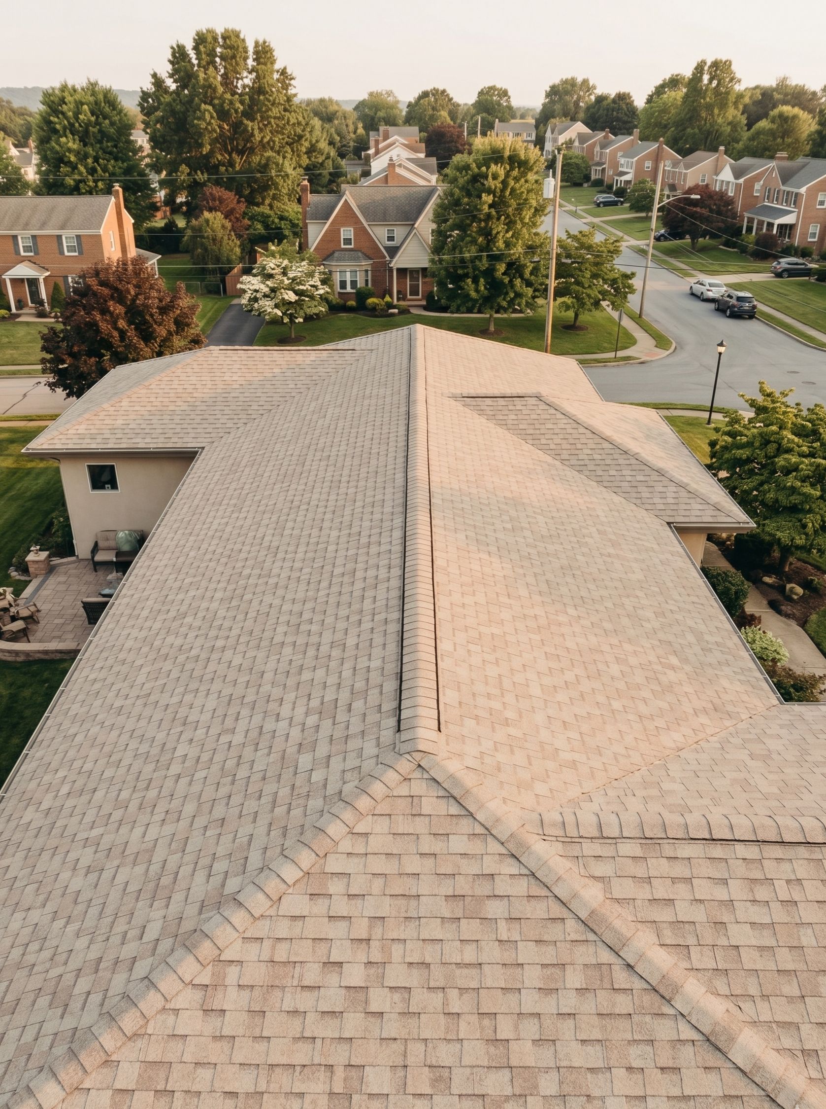 Aerial view of house roofing with beige shingles in a suburban neighborhood with trees, streets, cars, and other houses.