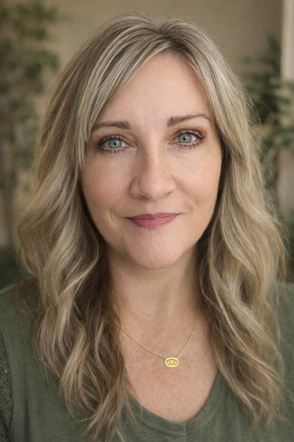 Close-up portrait of a middle-aged woman with wavy blonde hair and blue eyes, wearing a green top and a gold necklace, smiling softly at the camera.