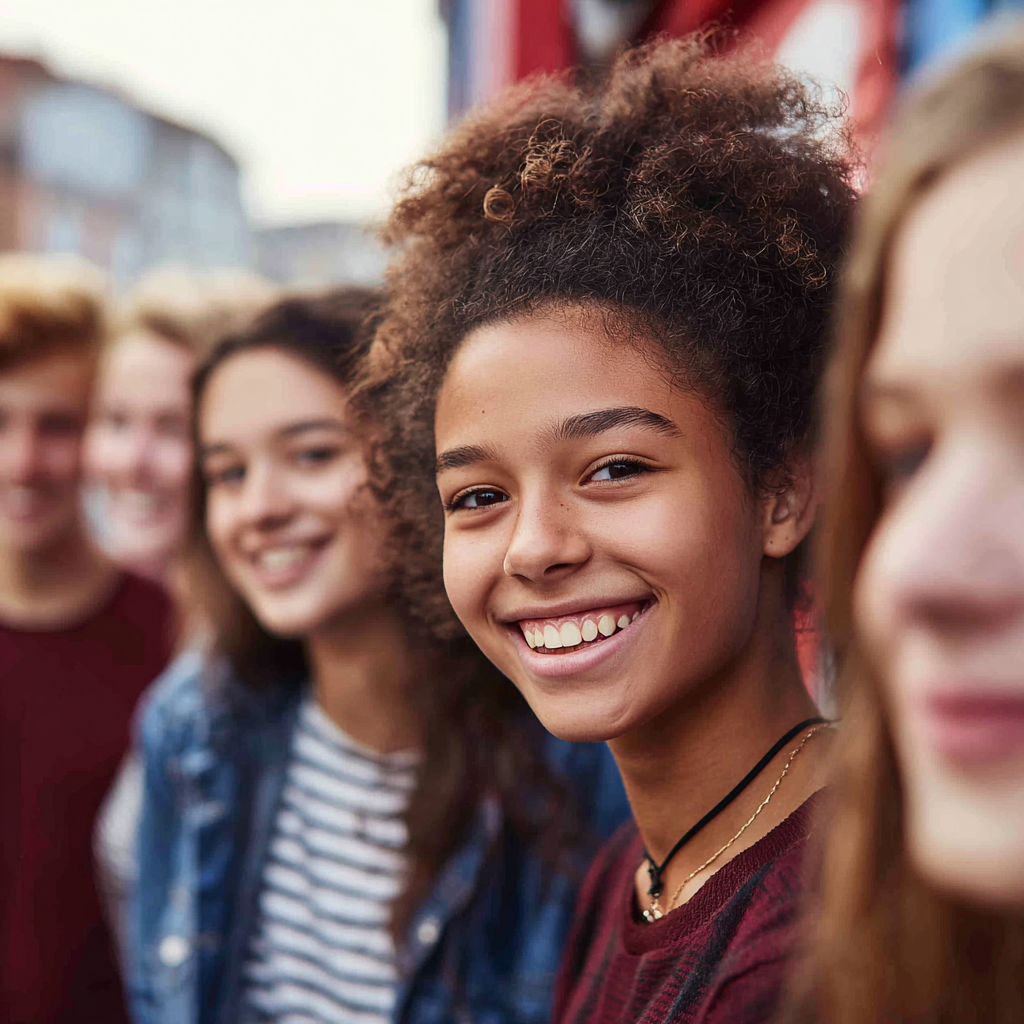 A group of four diverse young people smiling and standing closely together outdoors.
