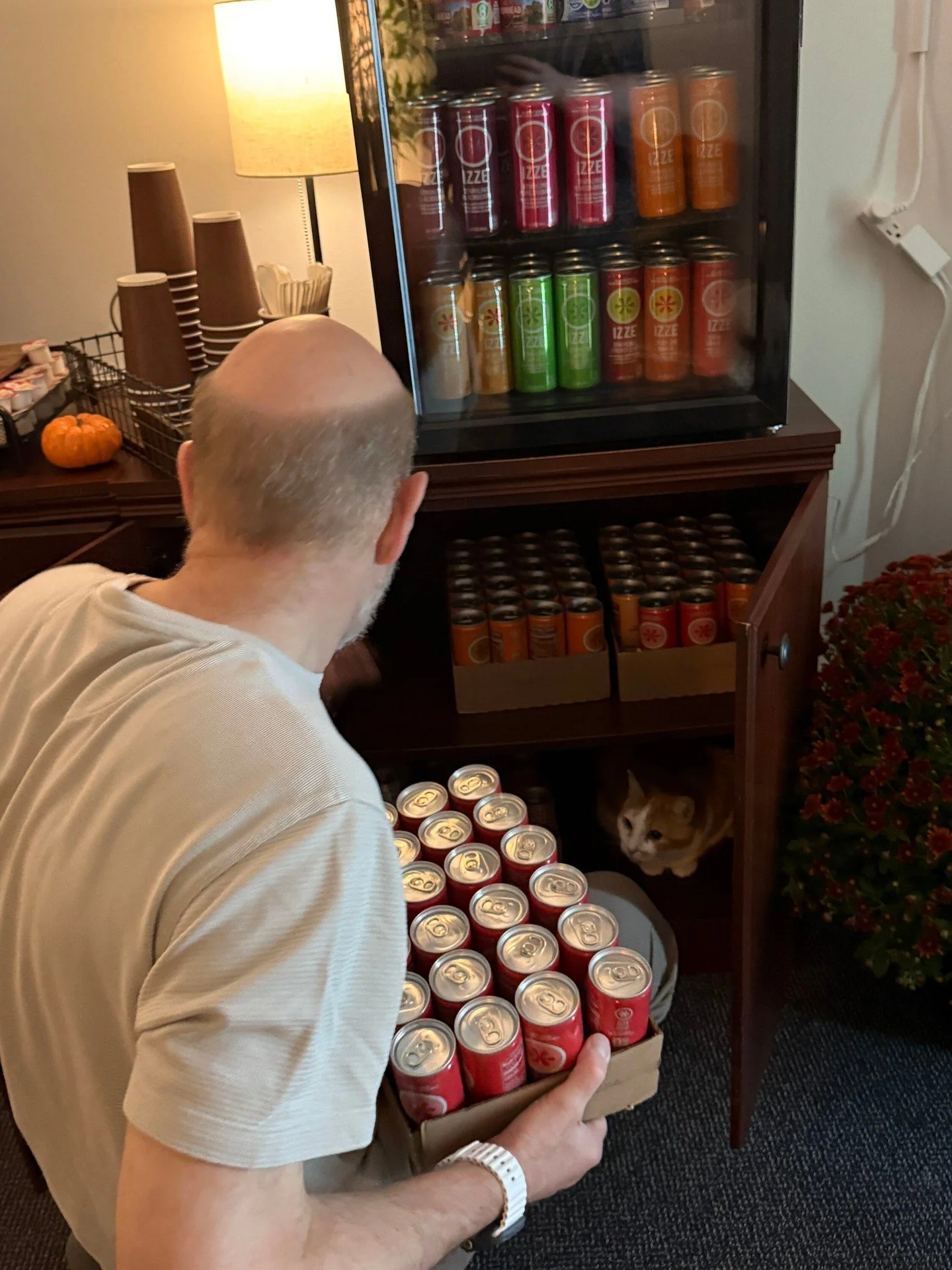 Kevin: &ldquo;I&rsquo;m stocking the Izze.&rdquo;

Earl: &ldquo;And I&rsquo;m conducting a surprise inventory inspection.&rdquo;

Management is very hands-on around here. 🐈🥤