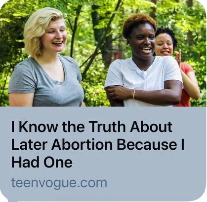 A thumbnail image of an article with a picture of three people smiling and laughing. The title is "I Know the Truth About Later Abortion Because I Had One."