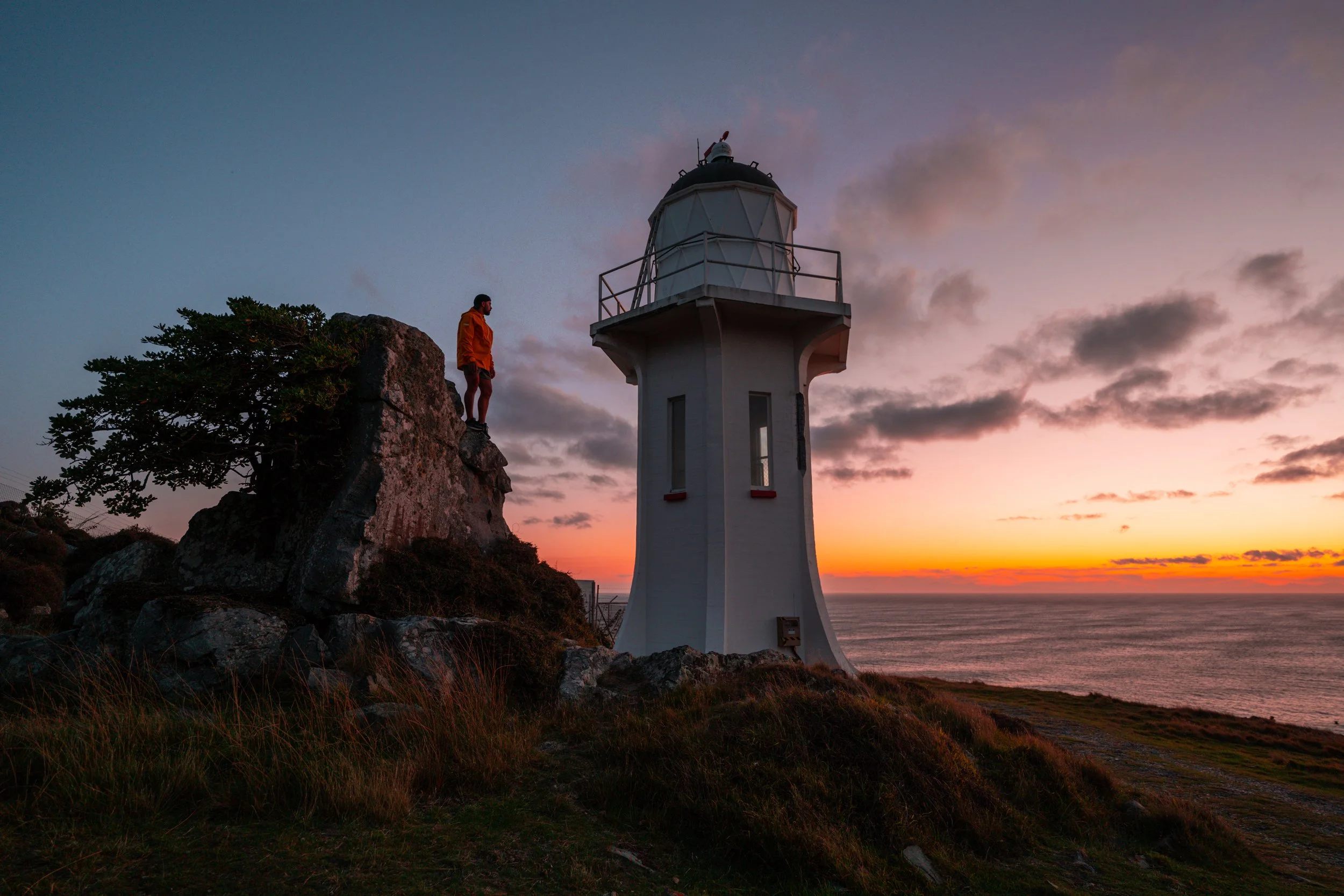 A sunset shot of the Baring Head Lighthouse, located on the Wainuiomata Coast