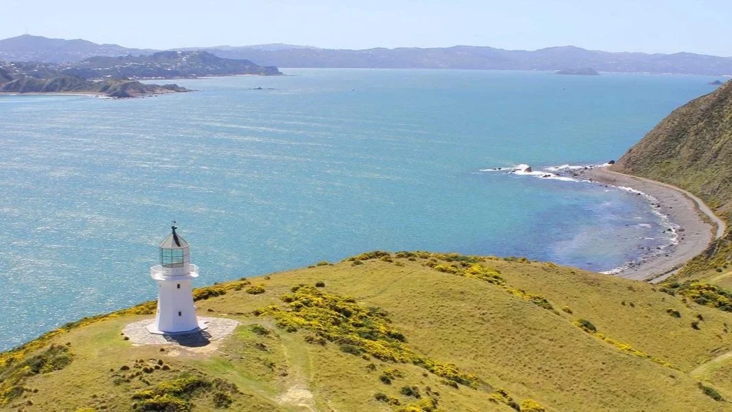 A drone image of the Pencarrow Lighthouse and coastline, located in Wellington's Hutt Valley in New Zealand