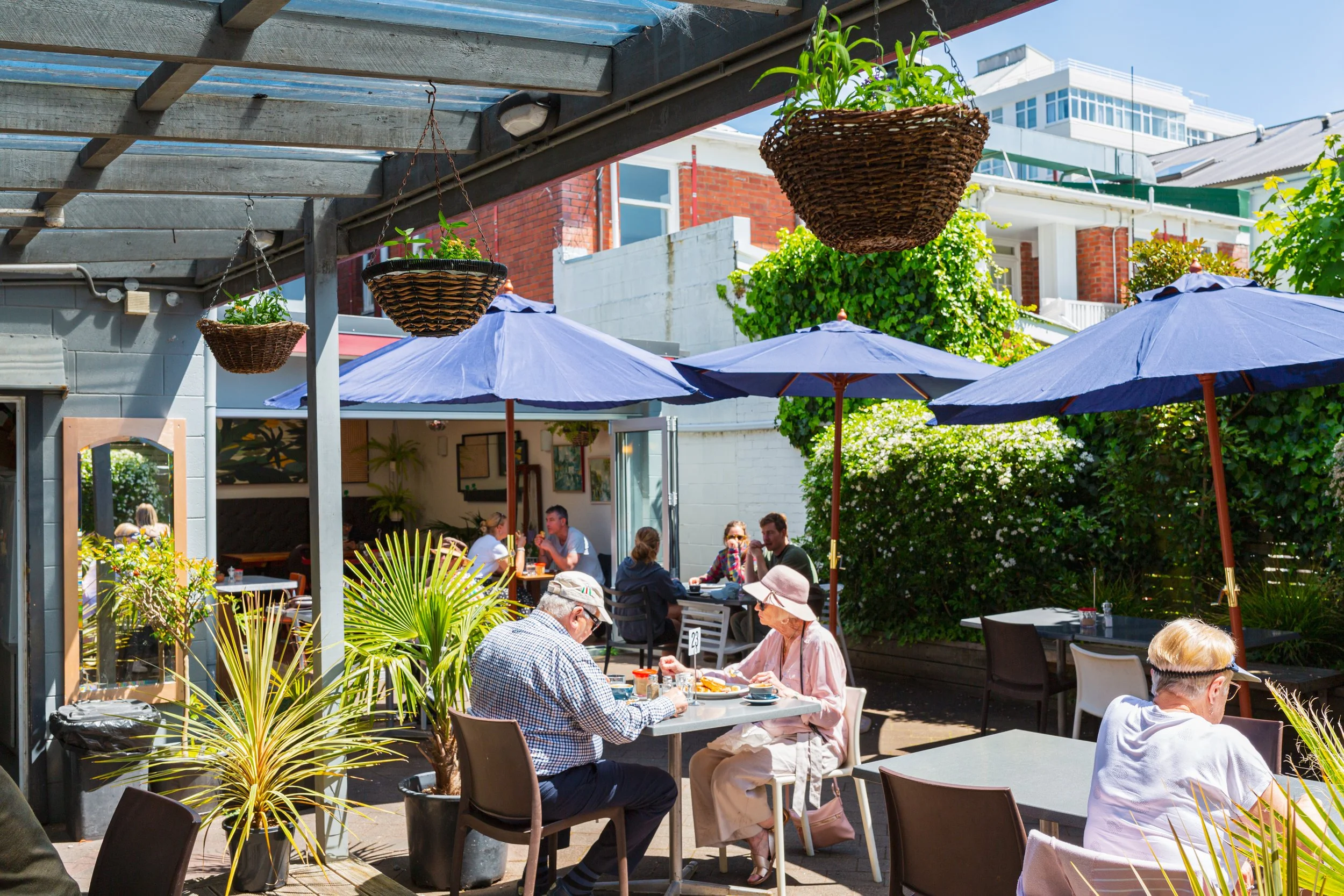 Outdoor seating area of Hive Cafe, located in Eastbourne, Wellington NZ