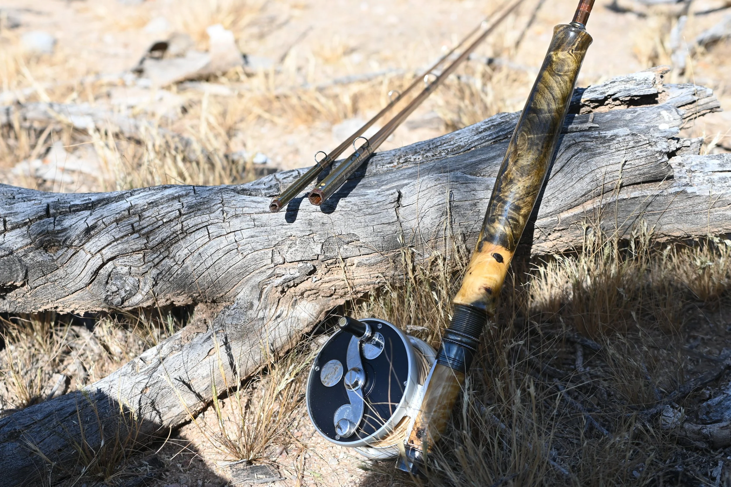 Lake Fork Rods bamboo fly rod with custom burl wood grip, silk wraps, nickel-silver hardware and handcrafted female bamboo ferrules