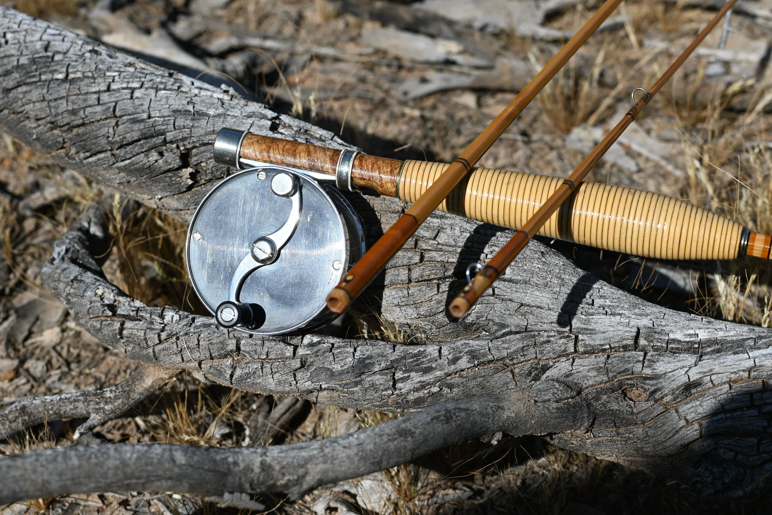 Lake Fork Rods bamboo fly rod with handcrafted rattan grip, silk wraps, nickel-silver hardware and female bamboo ferrules