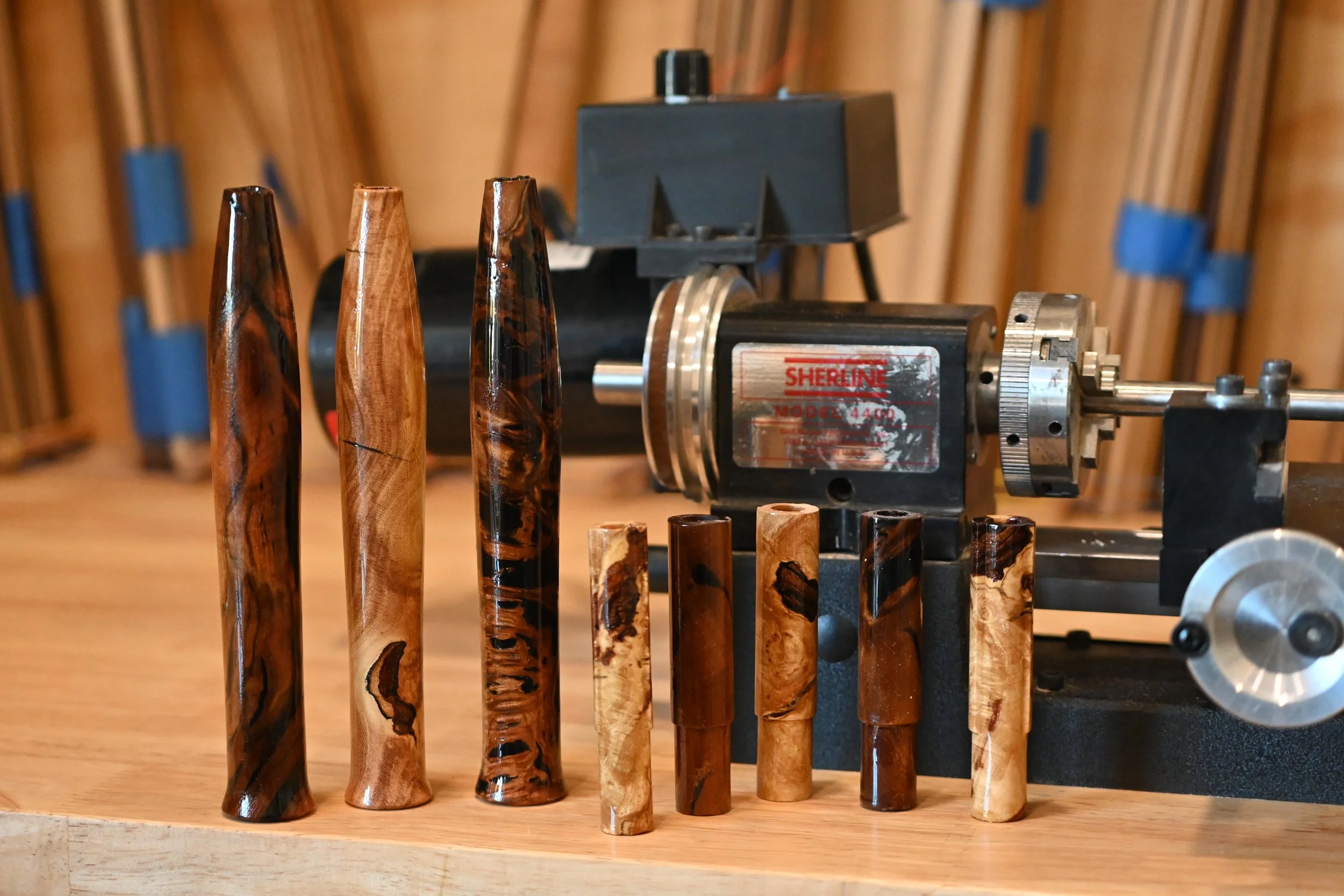 Sherline lathe used to make custom fly rod grips and reel seat inserts at Lake Fork Rods