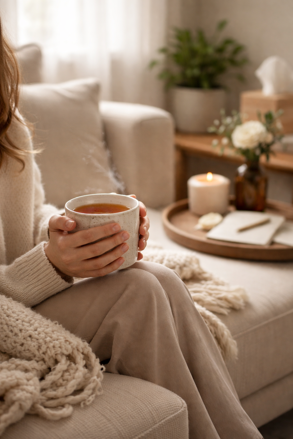 Person holding a steaming cup of tea while sitting on a cozy sofa in a warmly decorated living room with candles and plants.