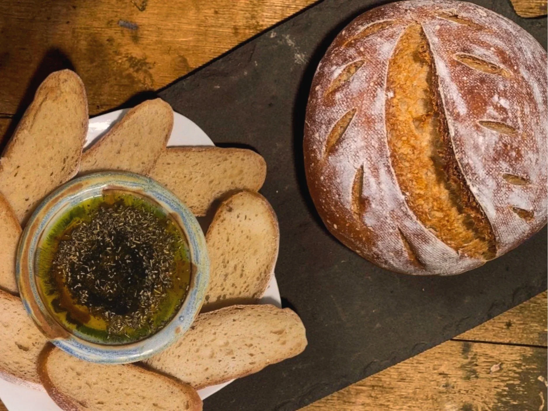 Sourdough Bread with Crumb Displayed with Olive Oil Dip