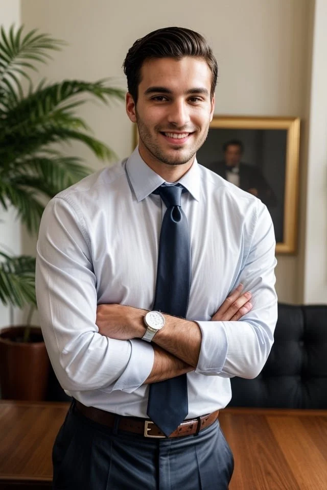 A young man in a business shirt and tie standing with arms crossed in an office.