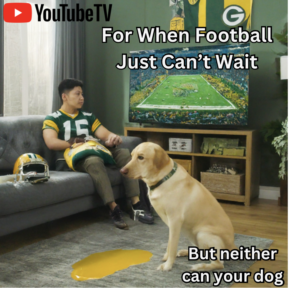A boy wearing a Green Bay Packers jersey sitting on a gray couch, holding a bag of chips with a yellow Packers helmet and a football helmet nearby, watching a television displaying a football game or stadium. A yellow Labrador Retriever dog is sittin