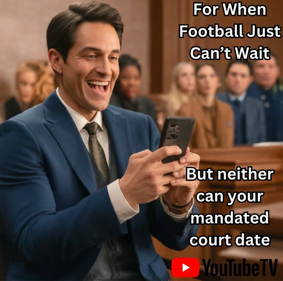 A man in a blue suit laughing and looking at his phone in a courtroom with people in the background, with overlaid text about football and court dates, and a YouTube TV logo.