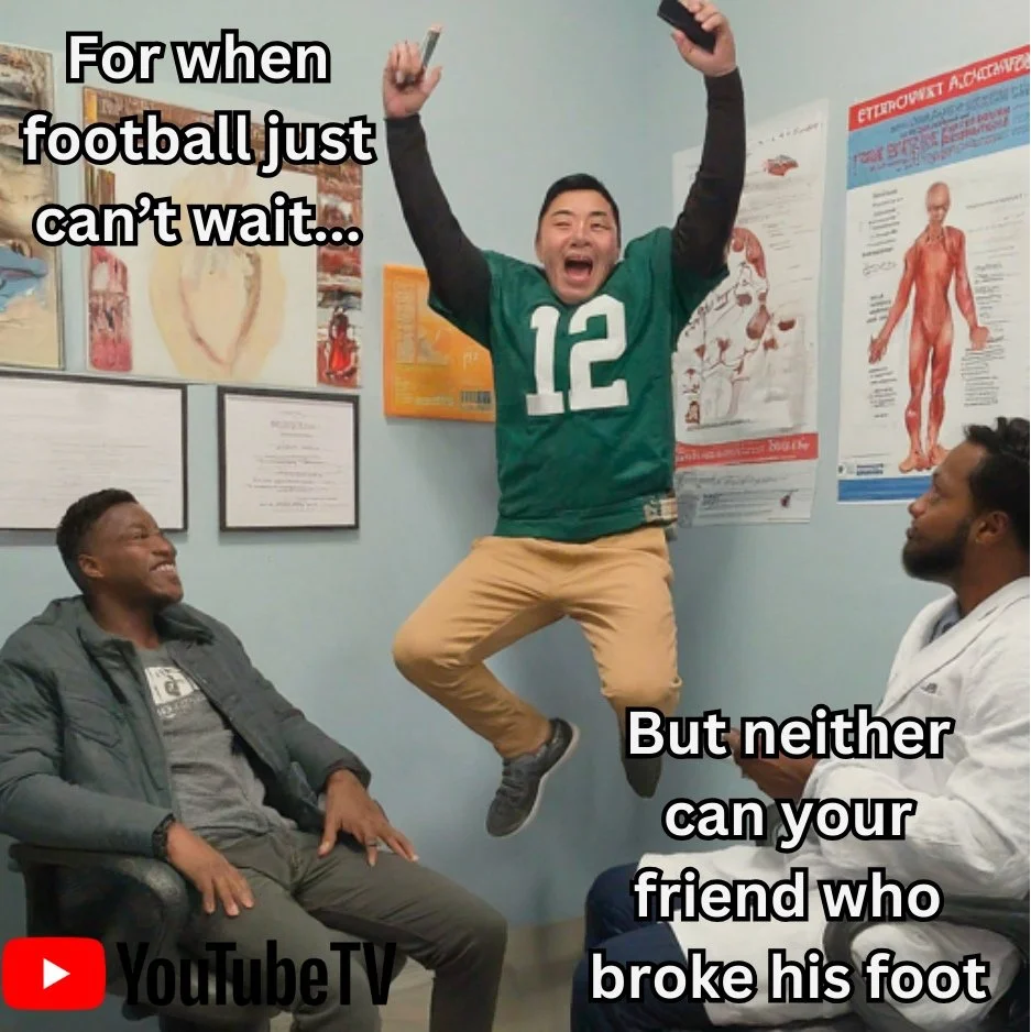 Three friends in a doctor's office, one jumping into the air with excitement, wearing a green football jersey and beige pants. The other two are seated, one smiling and the other looking at him. The room has medical posters and certificates on the wa
