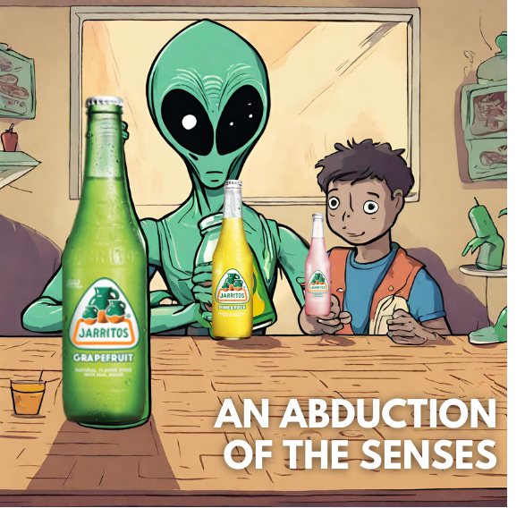 An animated scene showing a young boy and an alien sitting at a table, with bottles of Jarritos soda in front of them. The boy looks surprised while the alien appears to be offering a pink Jarritos bottle. The caption reads 'An Abduction of the Sense