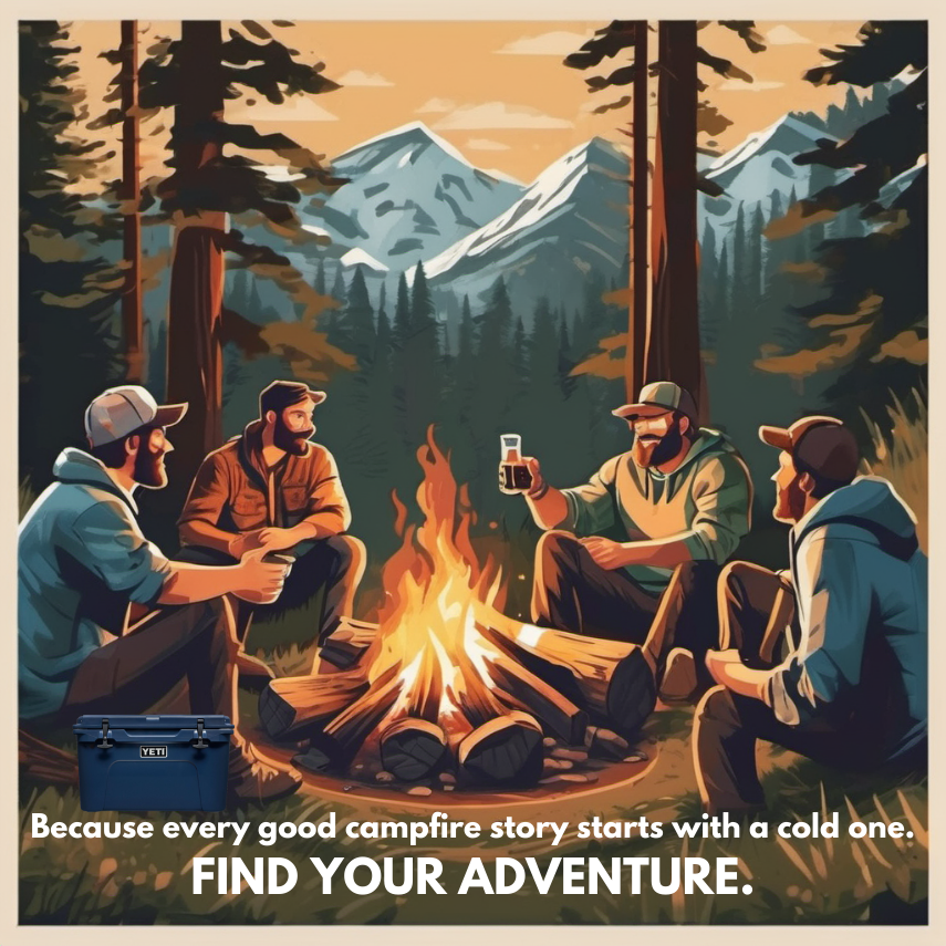 Four men sitting around a campfire in a forested mountain area. They are wearing outdoor clothing and hats, with mountains in the background. One man is holding a drink, and they appear to be in a conversation. The scene promotes camping and adventur
