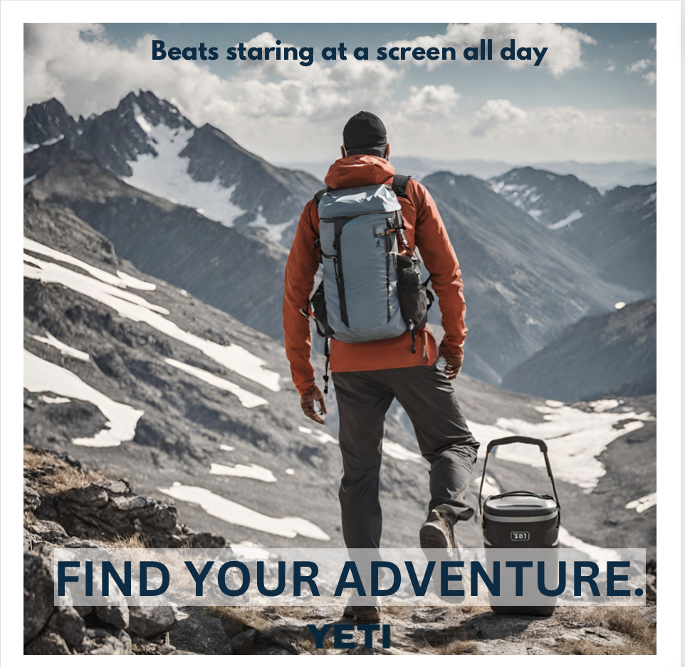 A hiker walking in the mountains with snow patches, carrying a large backpack and pulling a portable speaker, with snow-capped peaks in the background. The text on the image reads "Beats staring at a screen all day" and "FIND YOUR ADVENTURE. YETI."