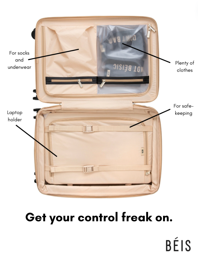 Open beige suitcase with compartments labeled for socks, underwear, plenty of clothes, laptop, and safe-keeping. The suitcase has storage sections with zippers and straps.