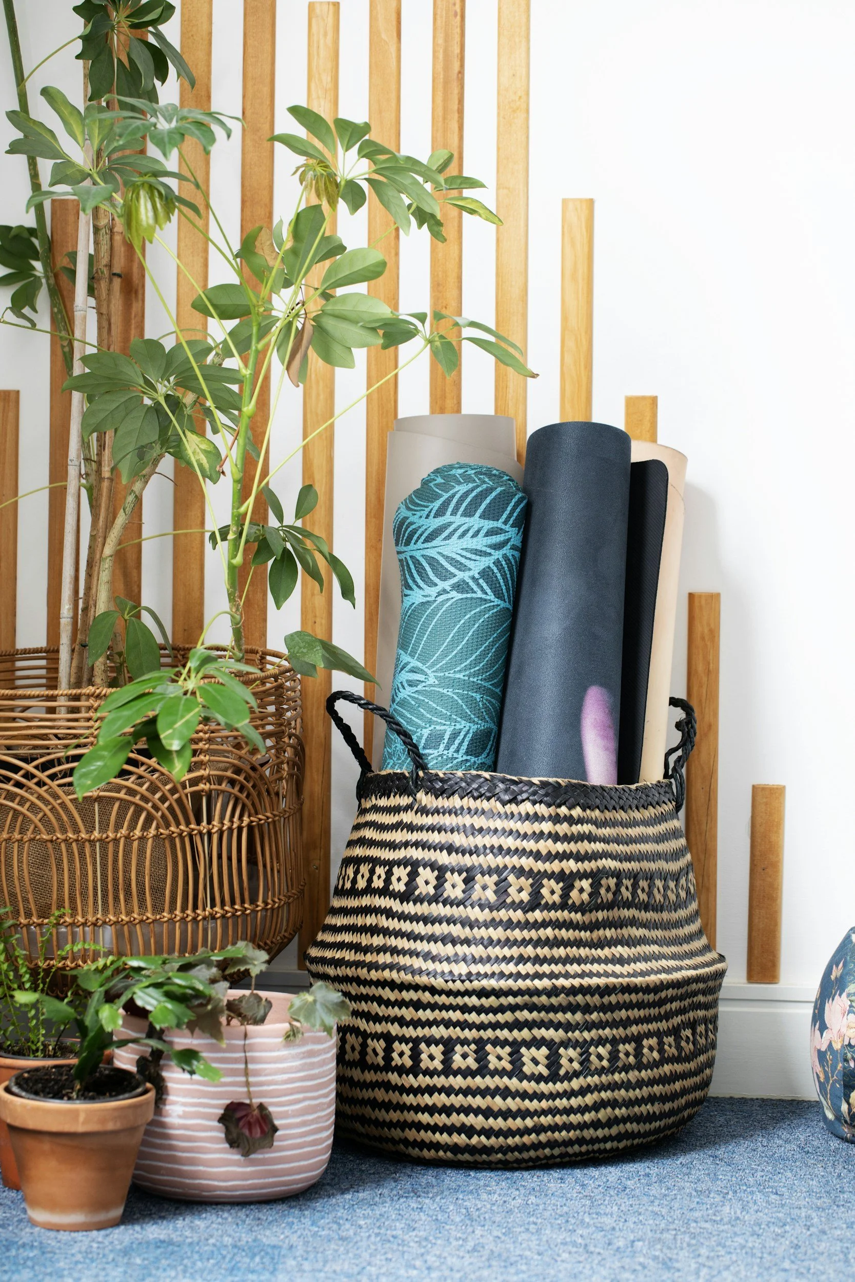 Indoor plants and rolled yoga mats in a woven basket on a blue carpet, with a wooden slat background.