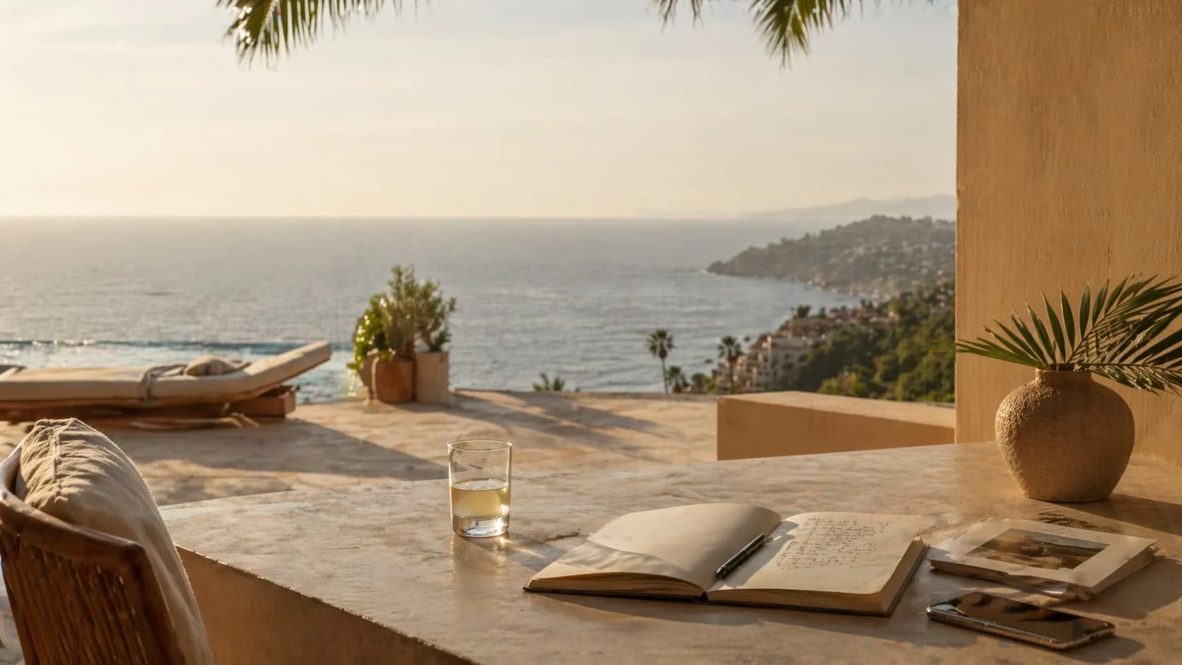 Open notebook and travel details on a sunlit coastal terrace overlooking the ocean, creating a calm and inviting start-planning moment.