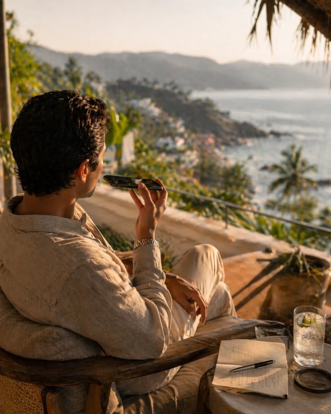 Open notebook, coffee, sunglasses, and phone on a terrace table overlooking the coast, creating a relaxed travel-planning moment.